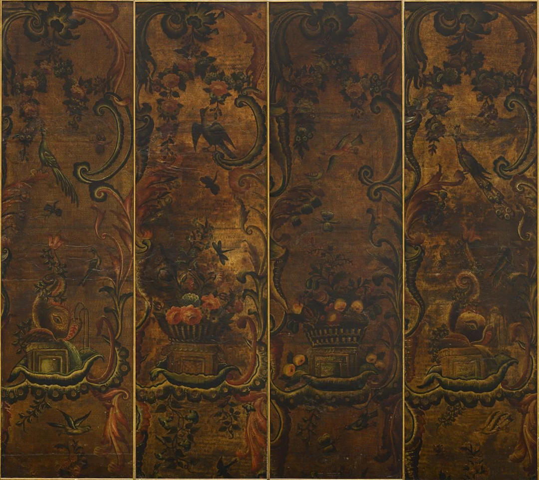 Four large paintings featuring floral motifs and birds
