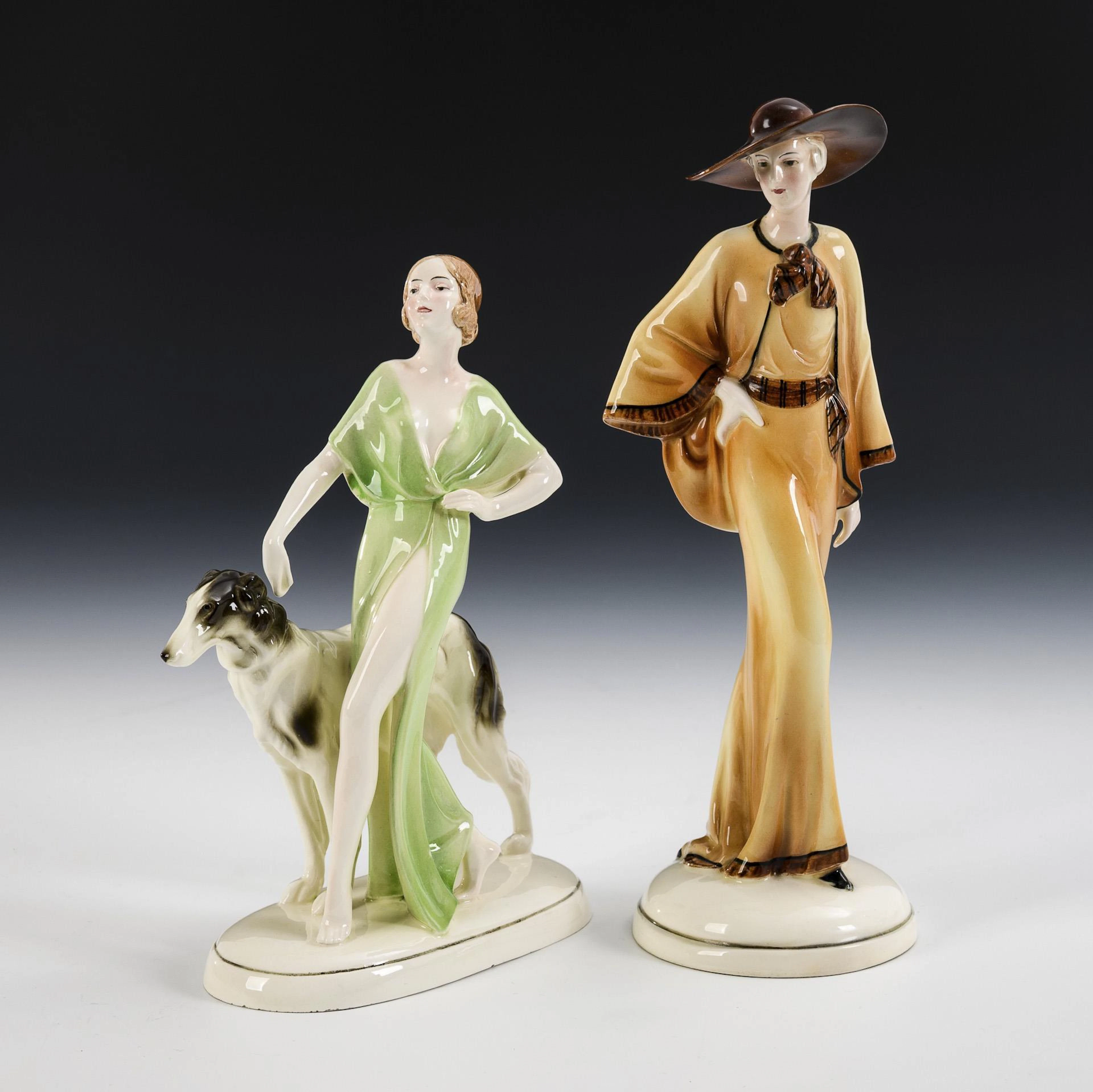 Art Deco figurine group "Lady with greyhound" and Art Deco fashion
