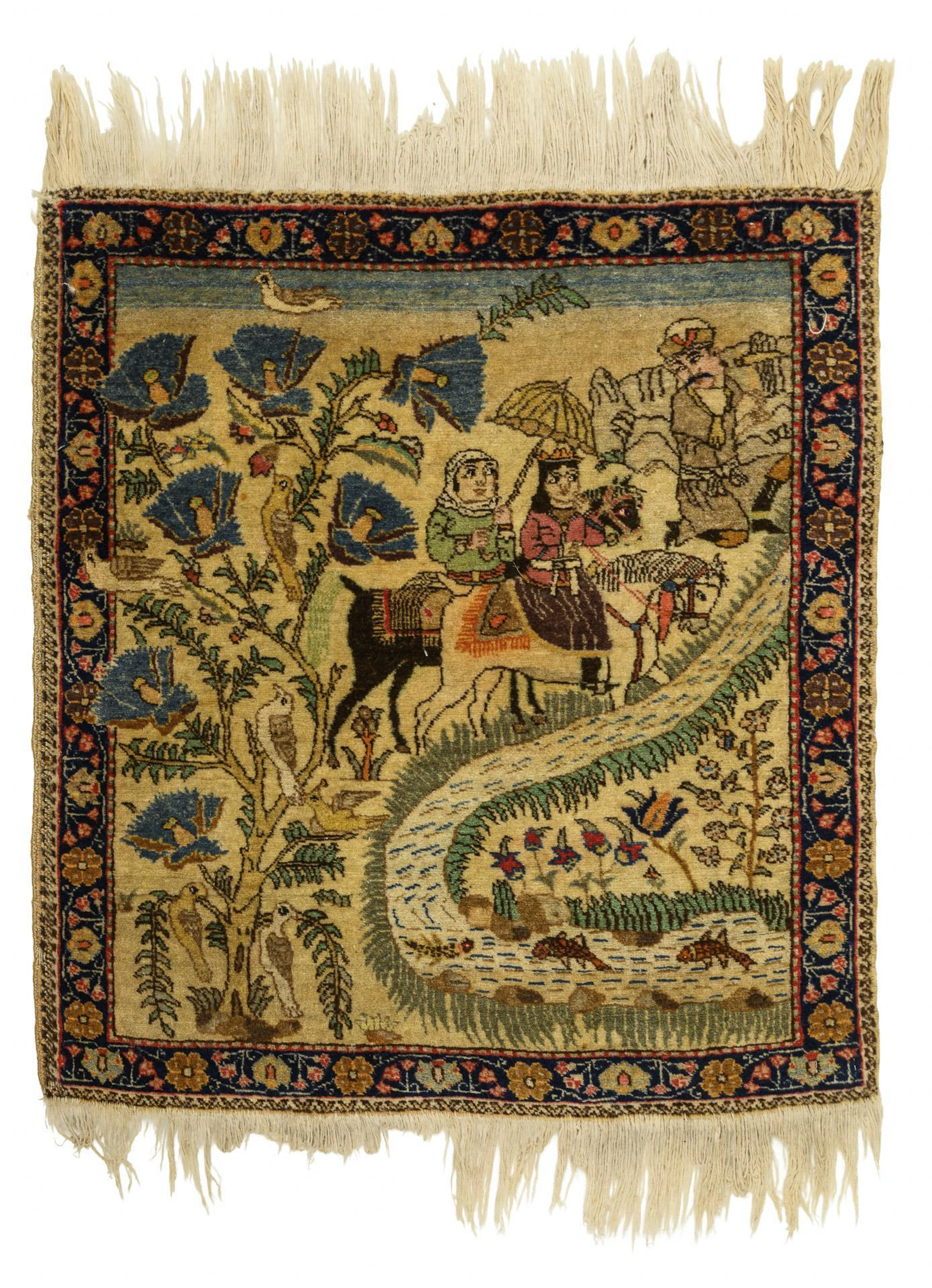 Small oriental tapestry with courtly equestrian scene.