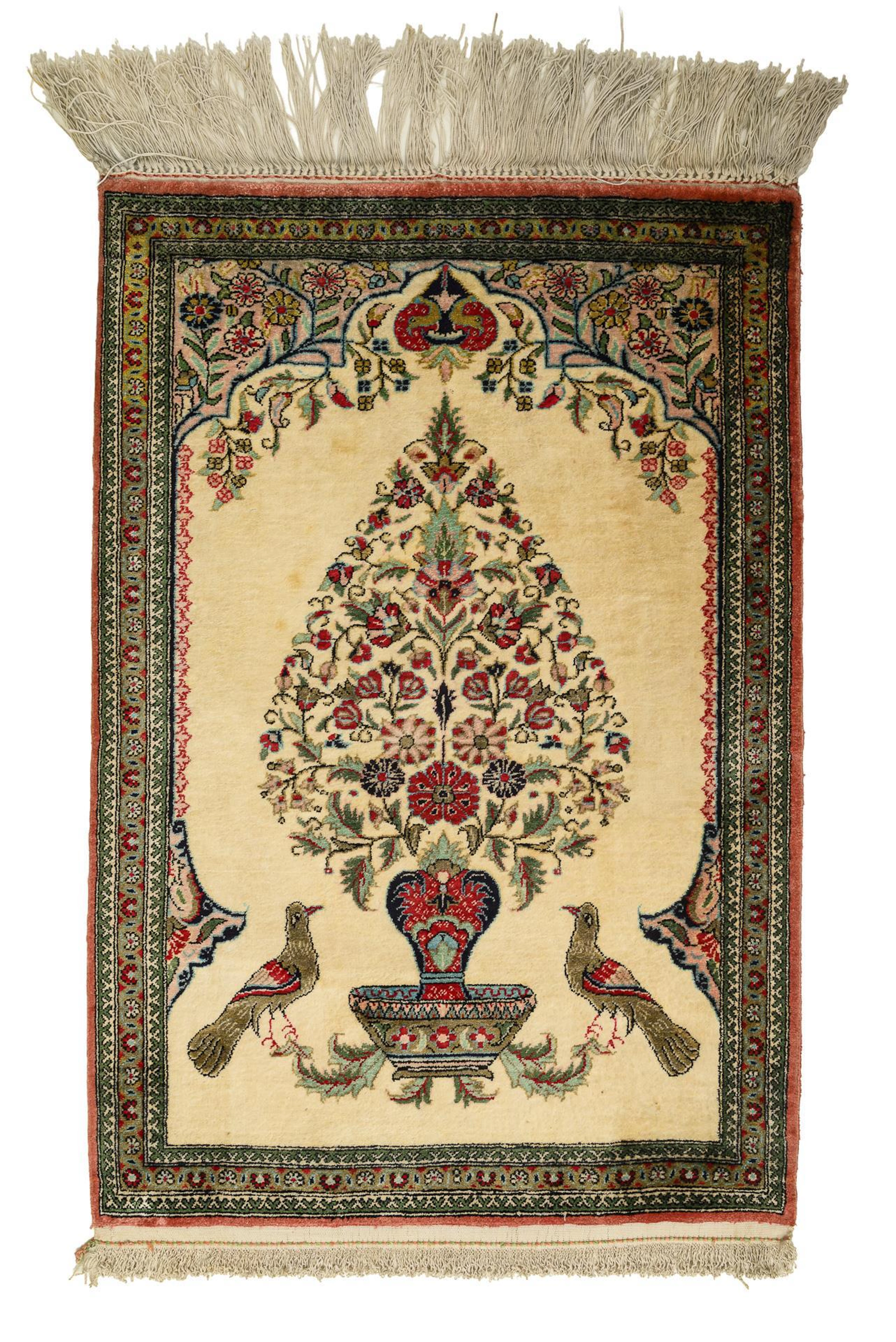 Small silk niche carpet with magnificent vase and birds.