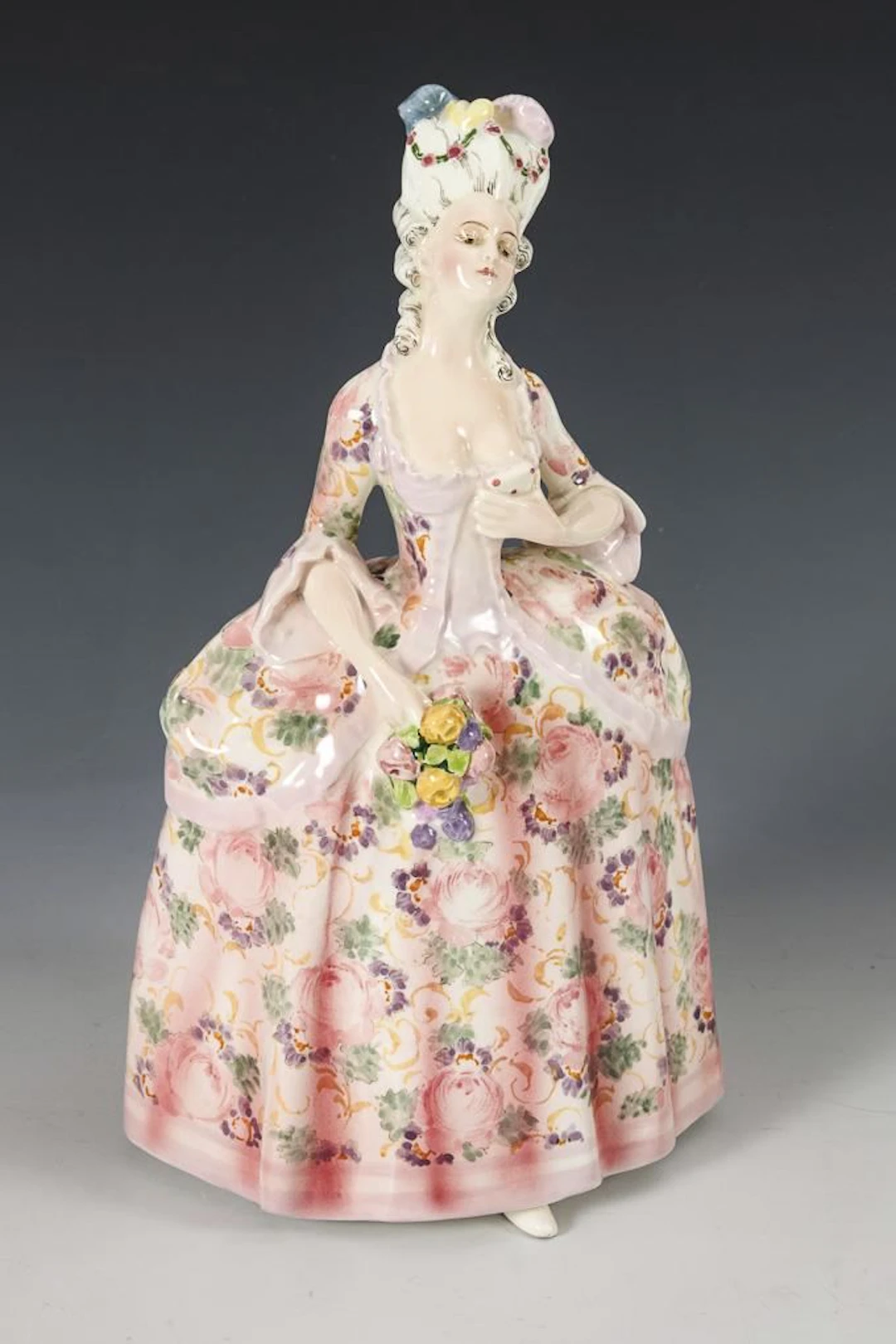 Standing Rococo Lady with Roses. Vienna Manufactory Friedrich Goldscheider.