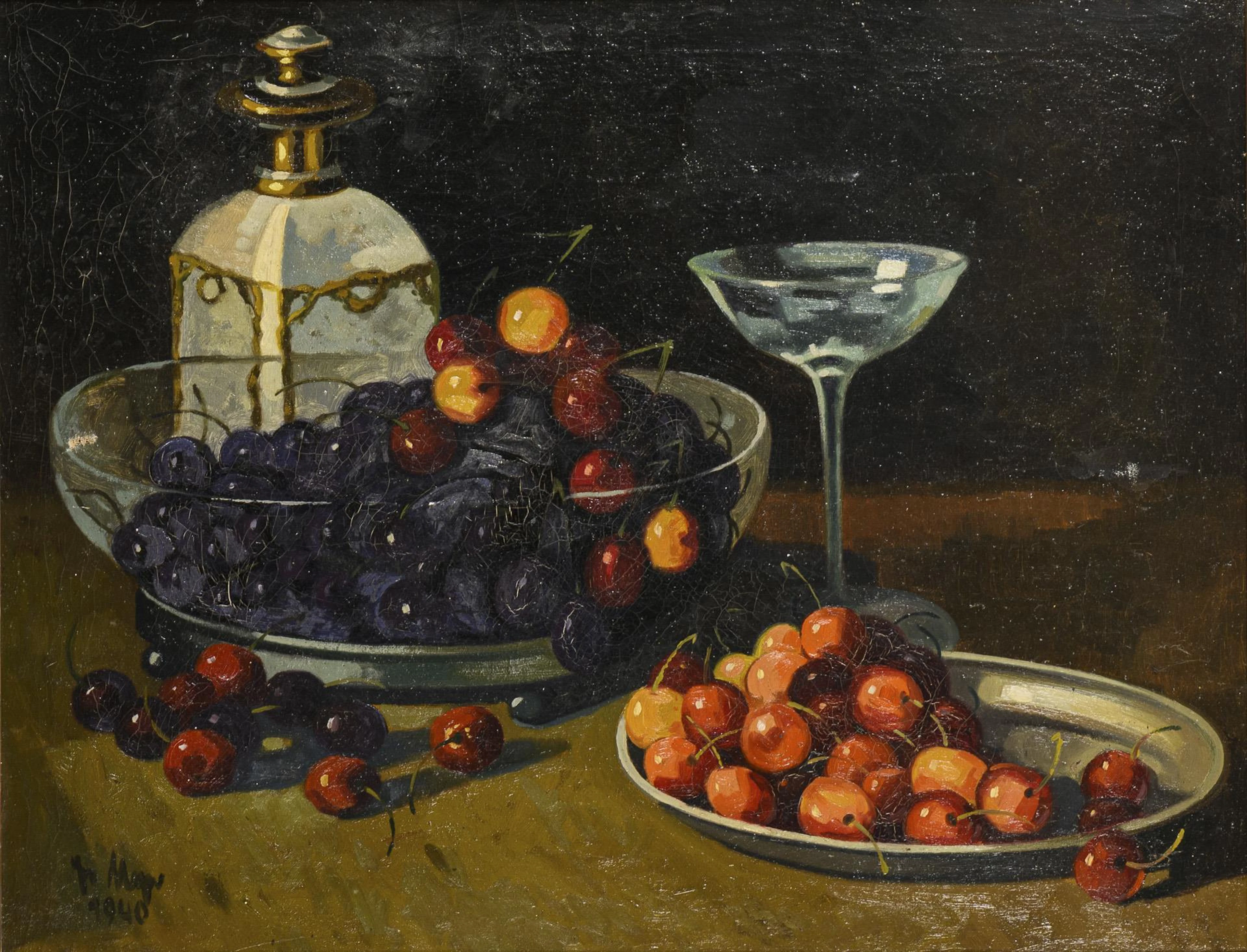 Indistinctly signed: Still life with cherries and plums