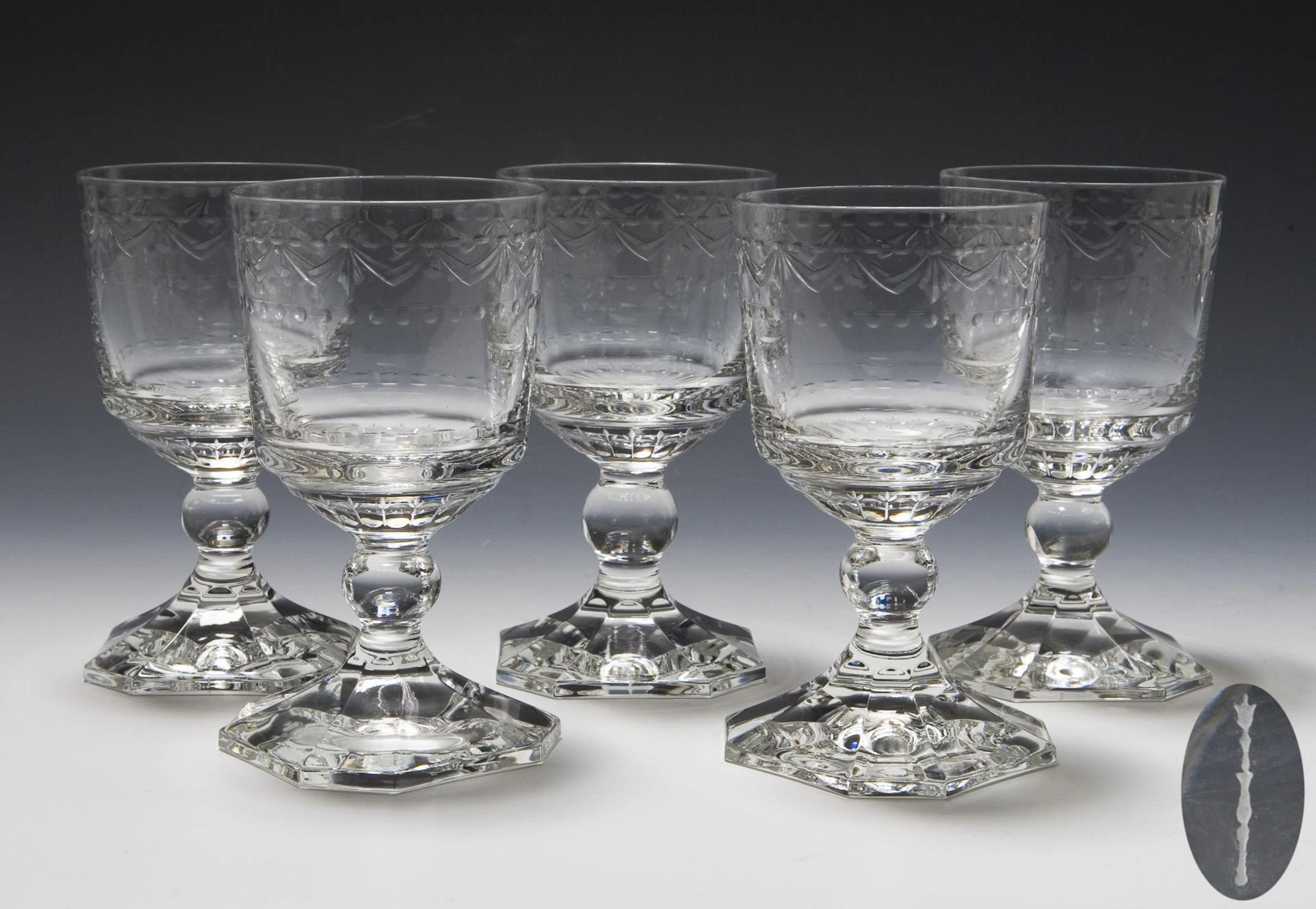Set of 5 Kurland dessert wine glasses. KPM Berlin.