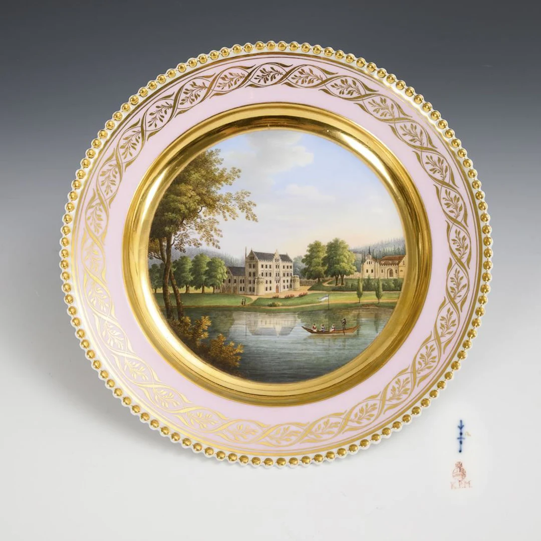 Biedermeier landscape plate, “Reinhardsbrunn near Gotha.”. KPM Berlin.