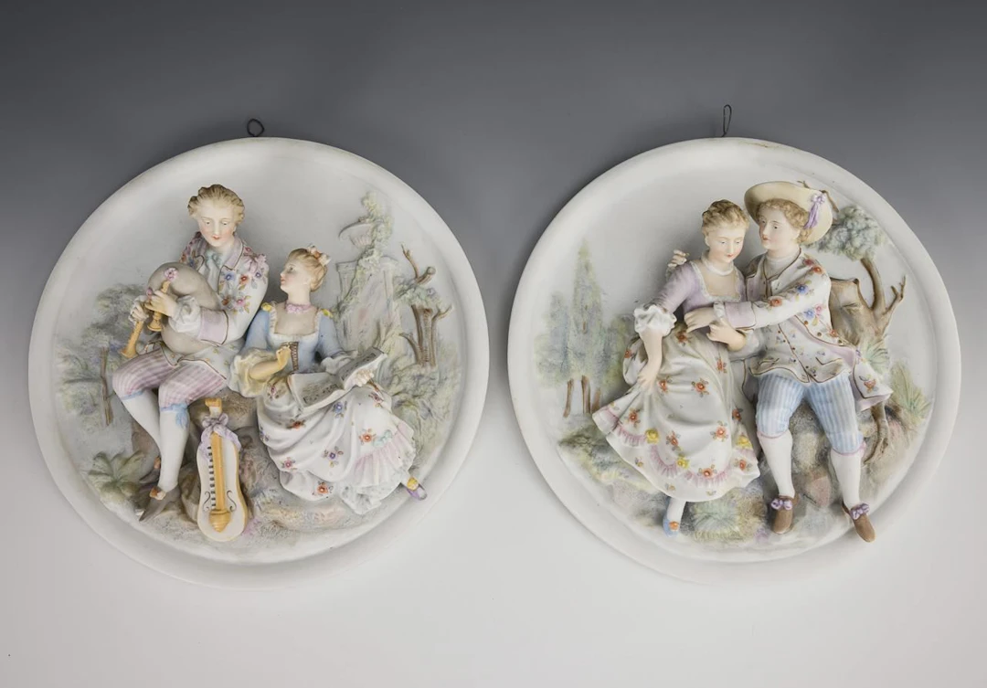 Pair of figurative murals depicting Rococo couples.