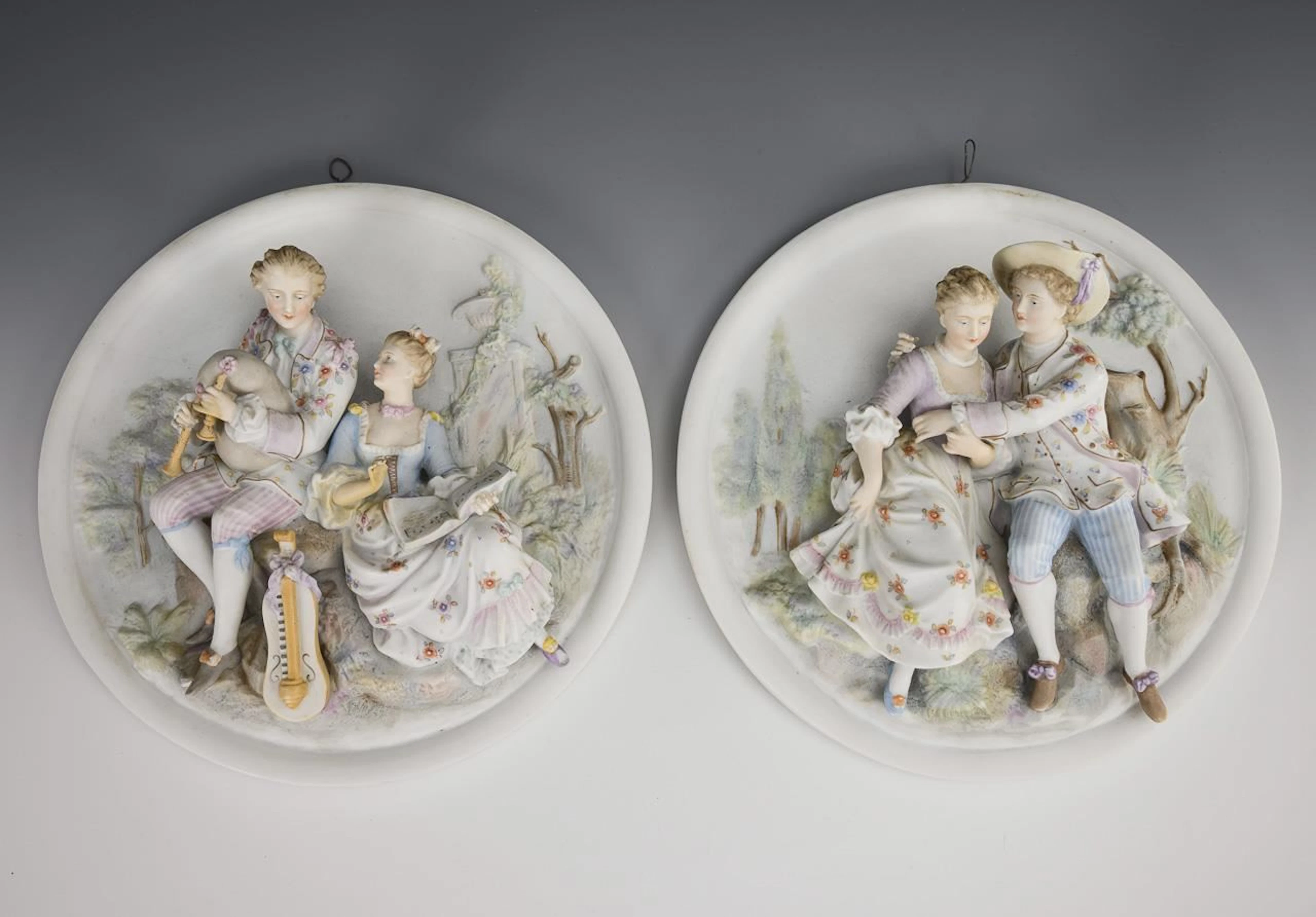 Pair of figurative murals depicting Rococo couples.