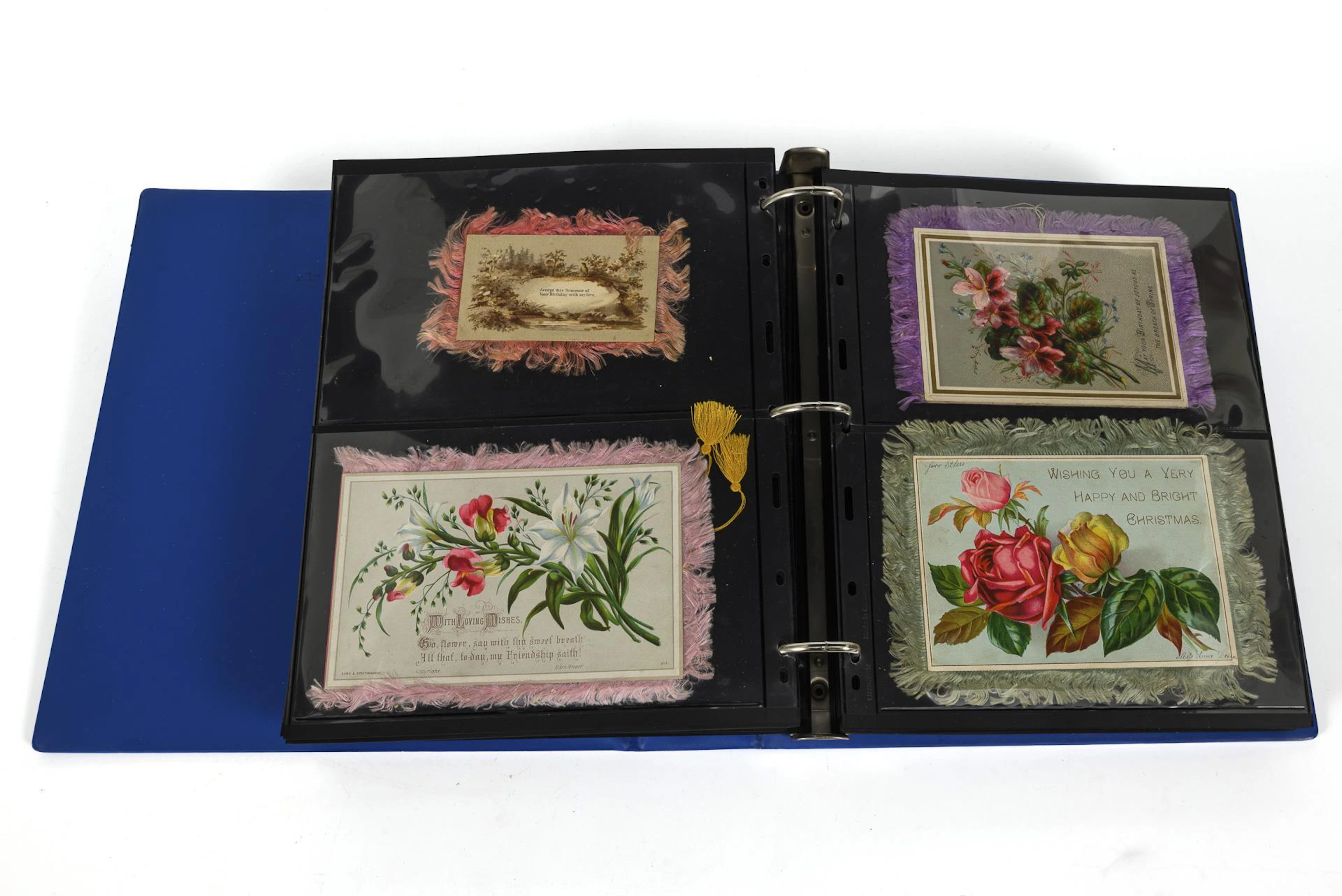 Collector's folder with greeting cards (silk fringed cards) from around 1900.