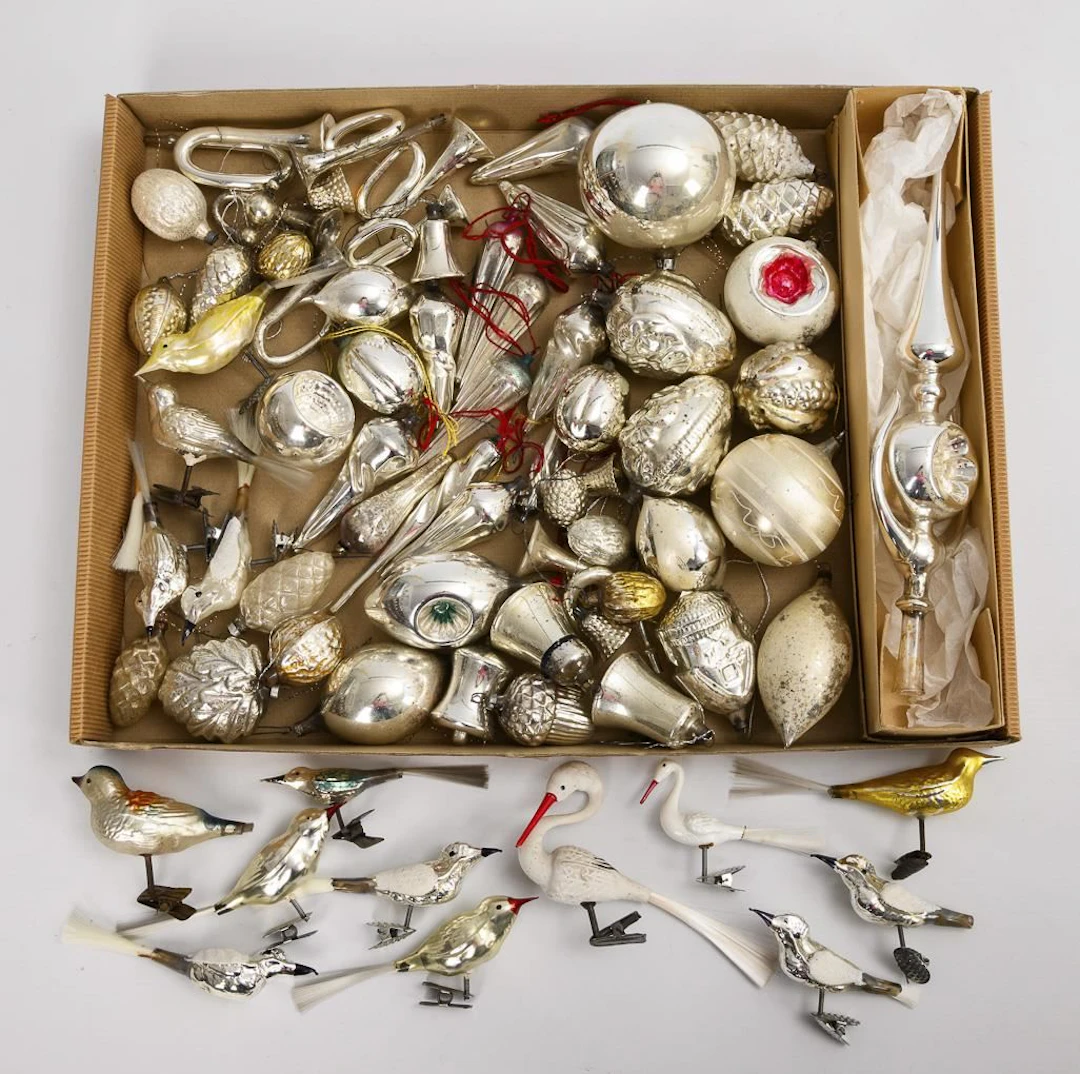 Assortment of Christmas tree ornaments.