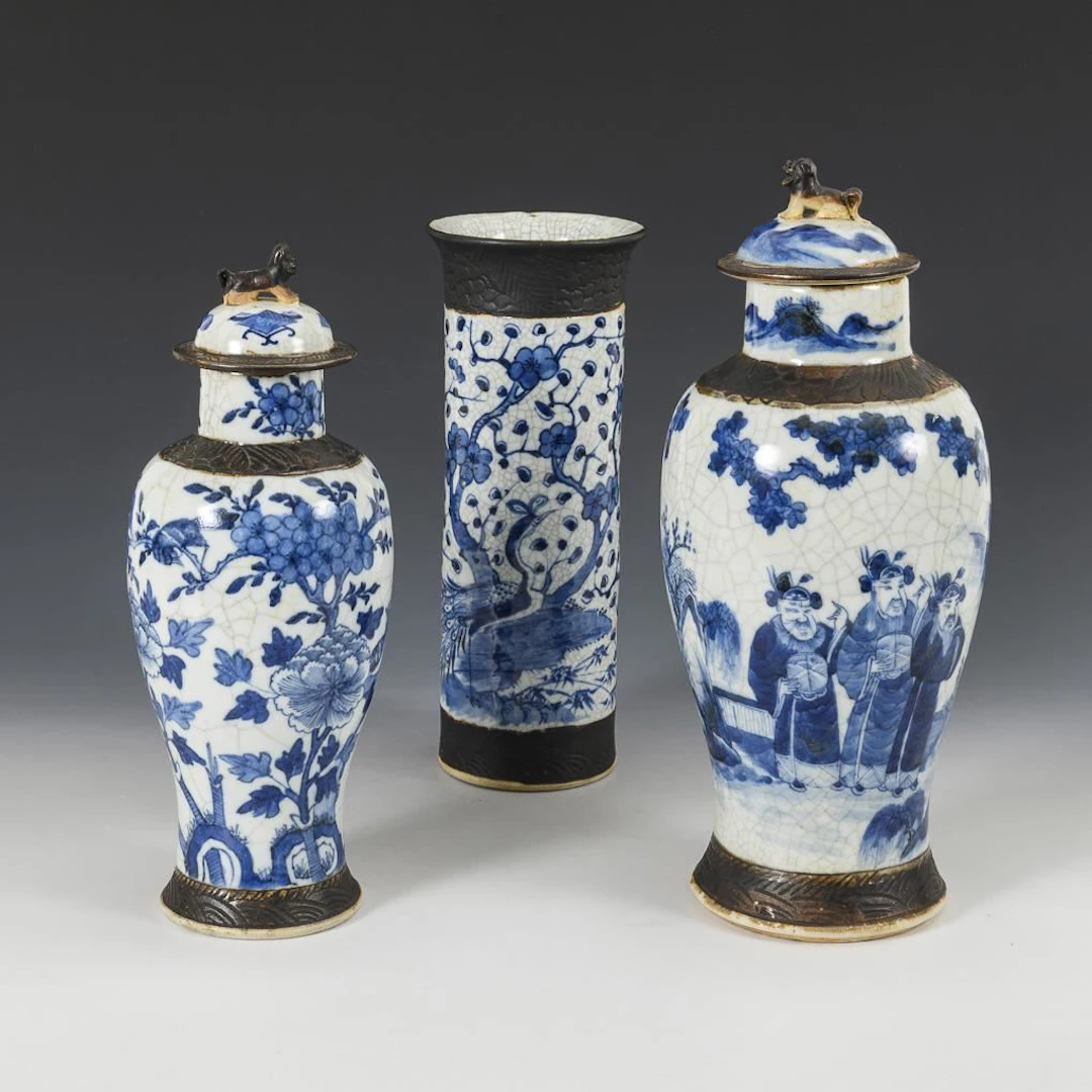 3 Asian vases with blue underglaze painting and crackle glaze.