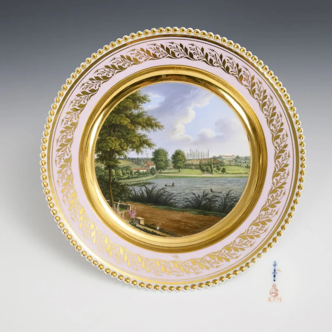Biedermeier landscape plate, “Seeberg near Salzungen.”. KPM Berlin.
