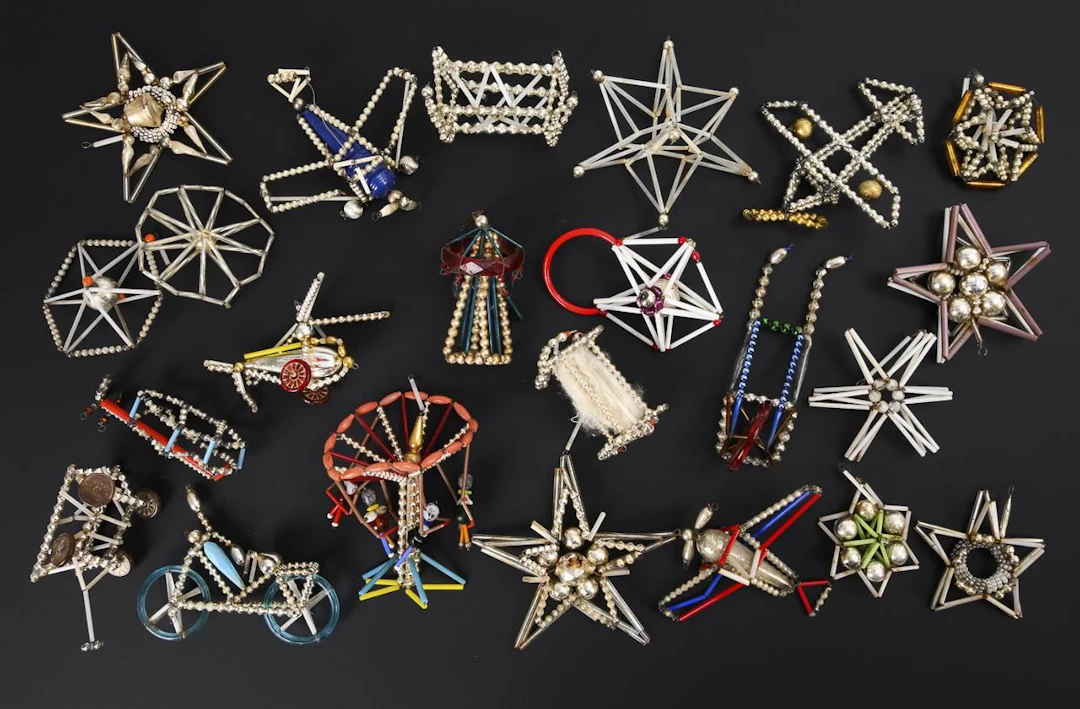 Assortment of Gablonz Christmas tree ornaments.