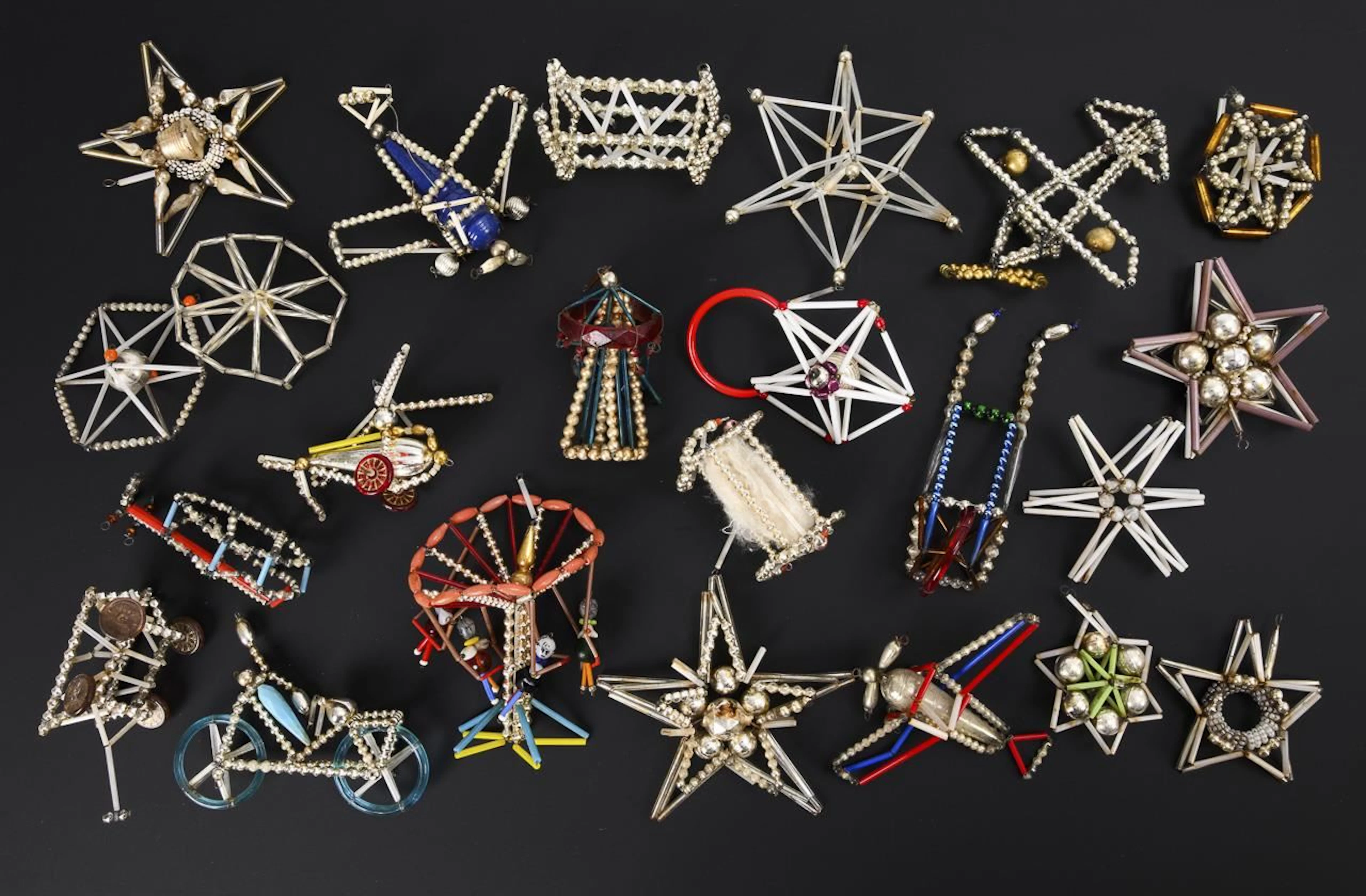Assortment of Gablonz Christmas tree ornaments.