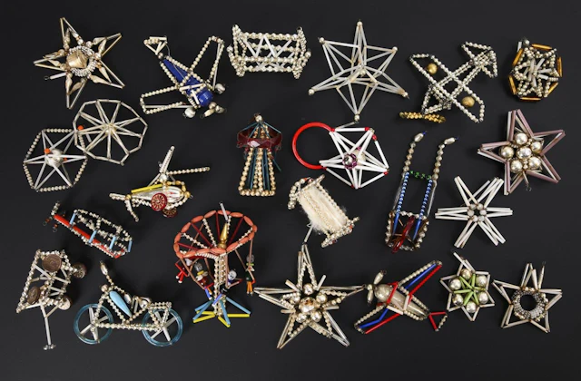 Assortment of Gablonz Christmas tree ornaments.