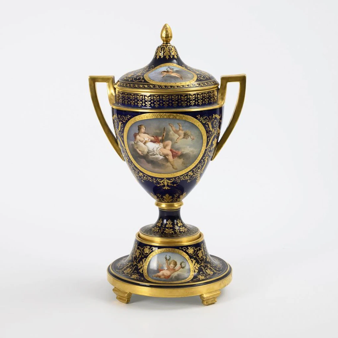 Vienna-style lidded vase. Pirkenhammer.