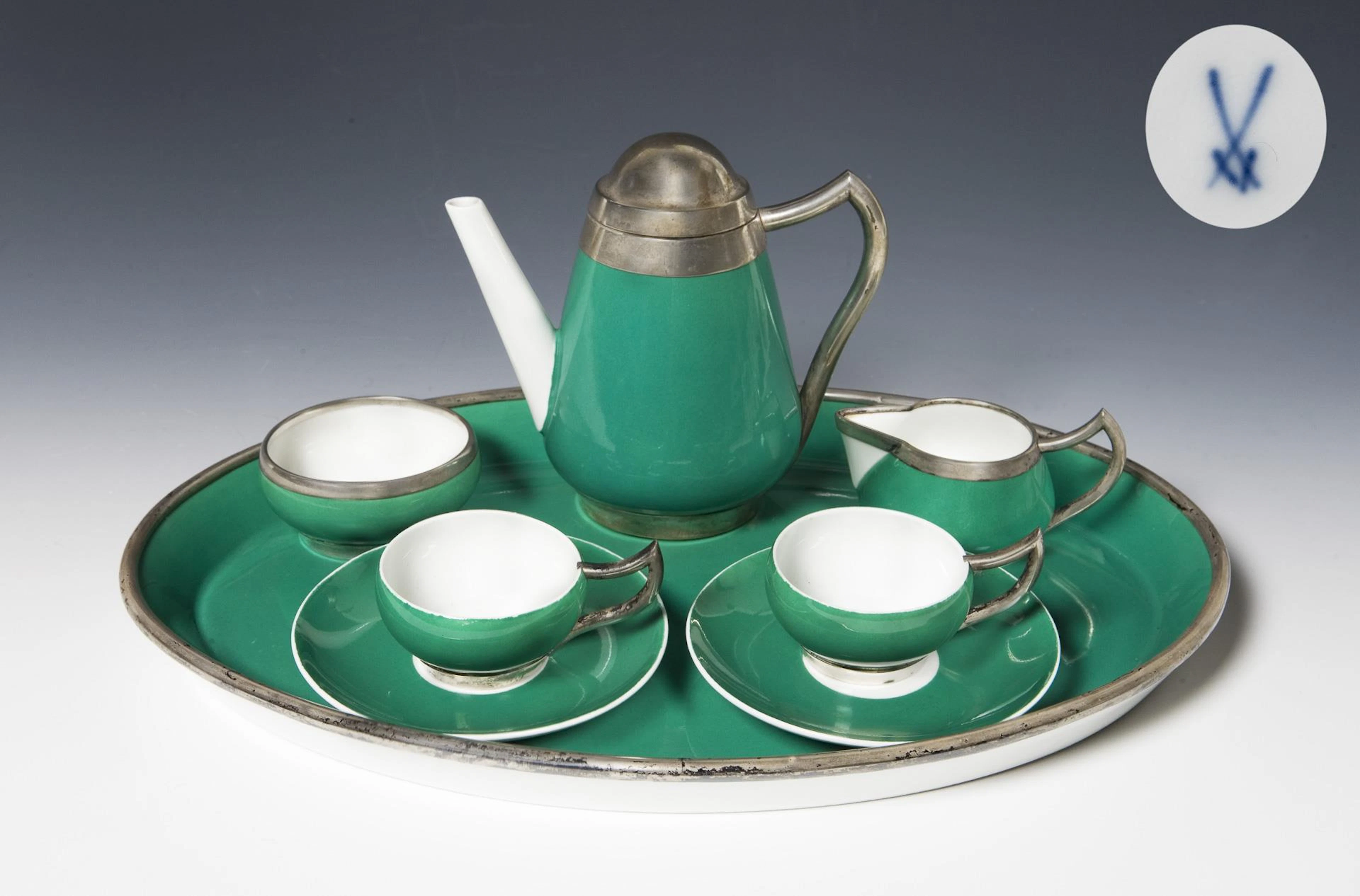 Rare mocha tête-á-tête with silver mount. Meissen.