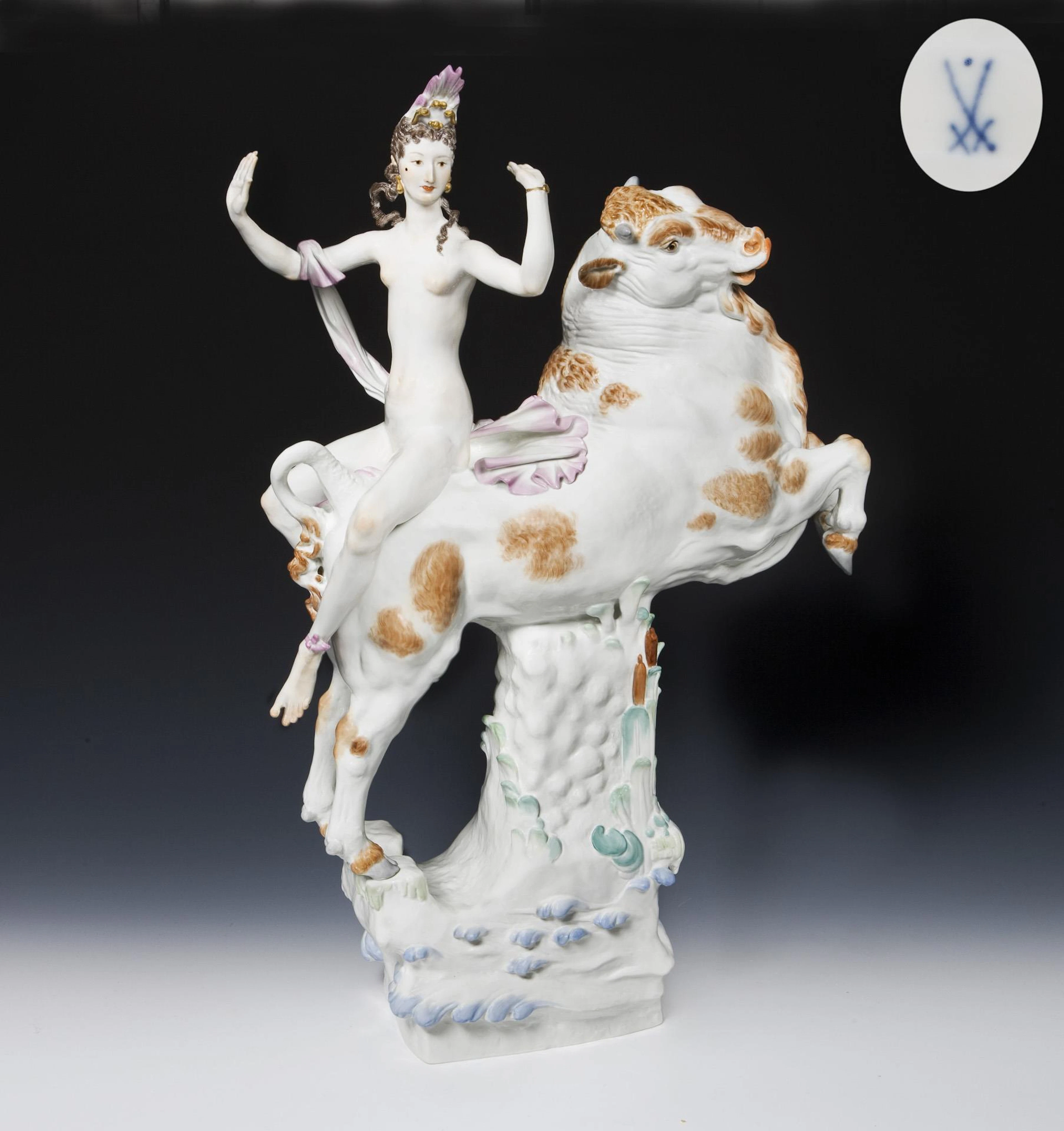 Important large Art Deco figurine group: Europe on the bull. Meissen.