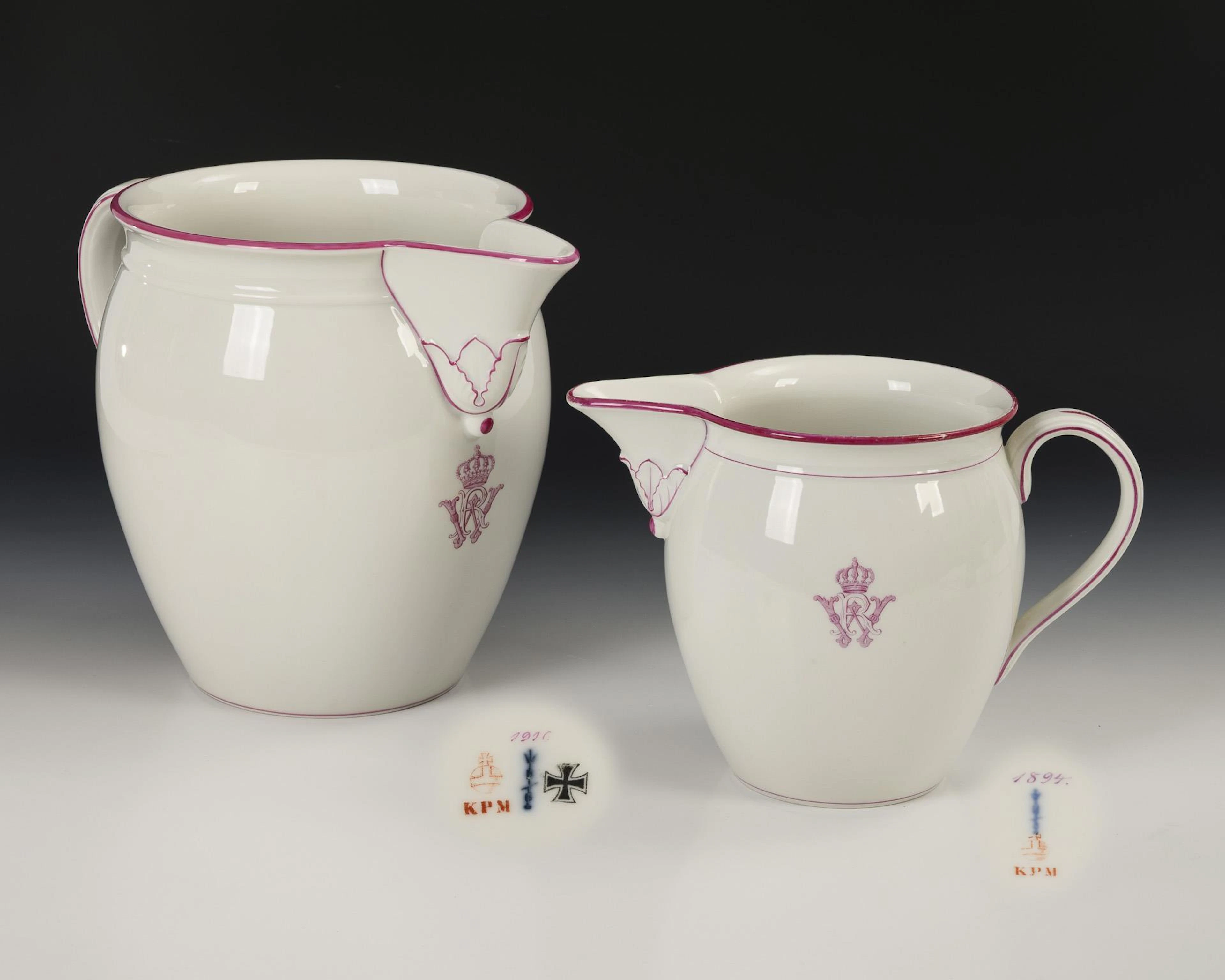 2 water jugs with the monogram of Kaiser Wilhelm II. KPM Berlin.