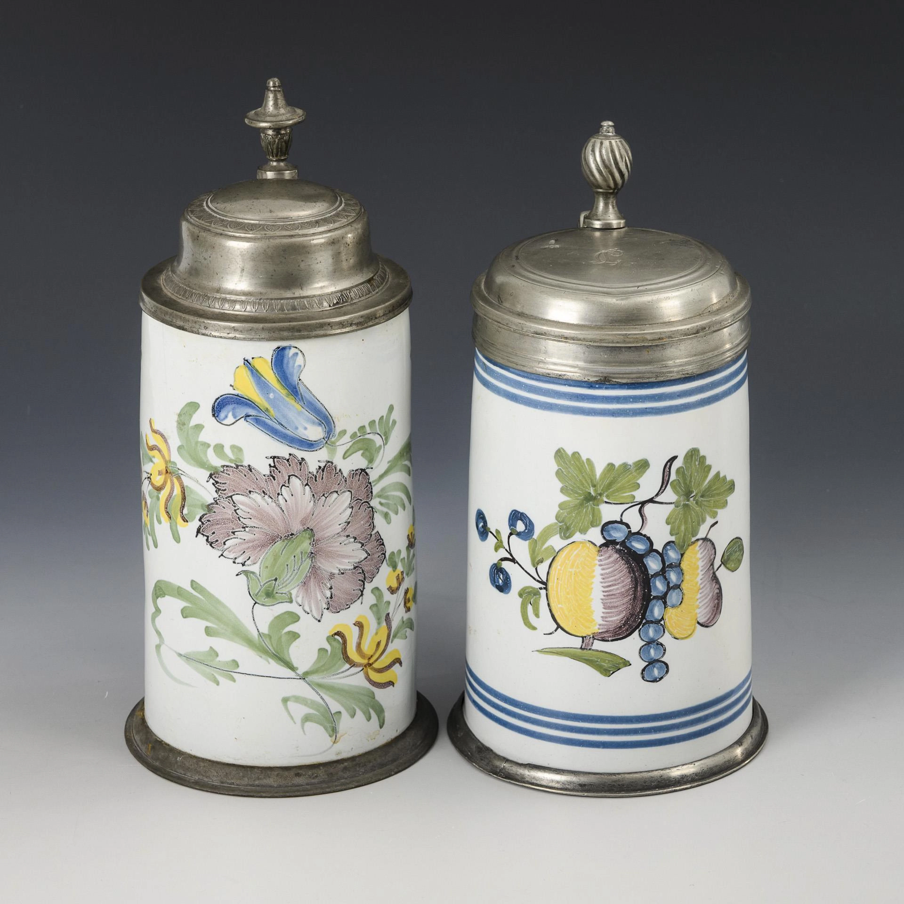 2 faience jugs with fruit and flowers. Schrezheim.