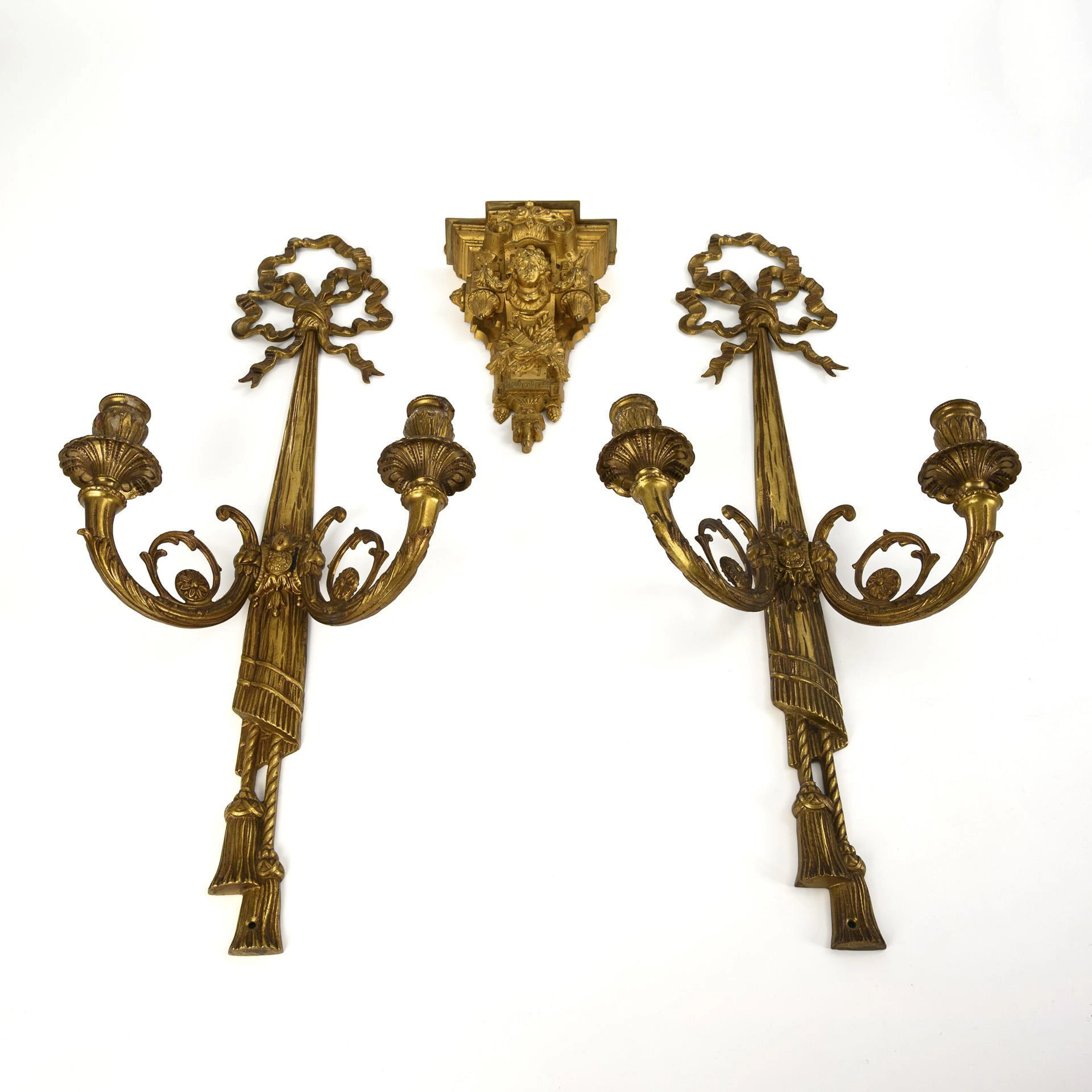 Pair of 2-flame wall appliques and a console.