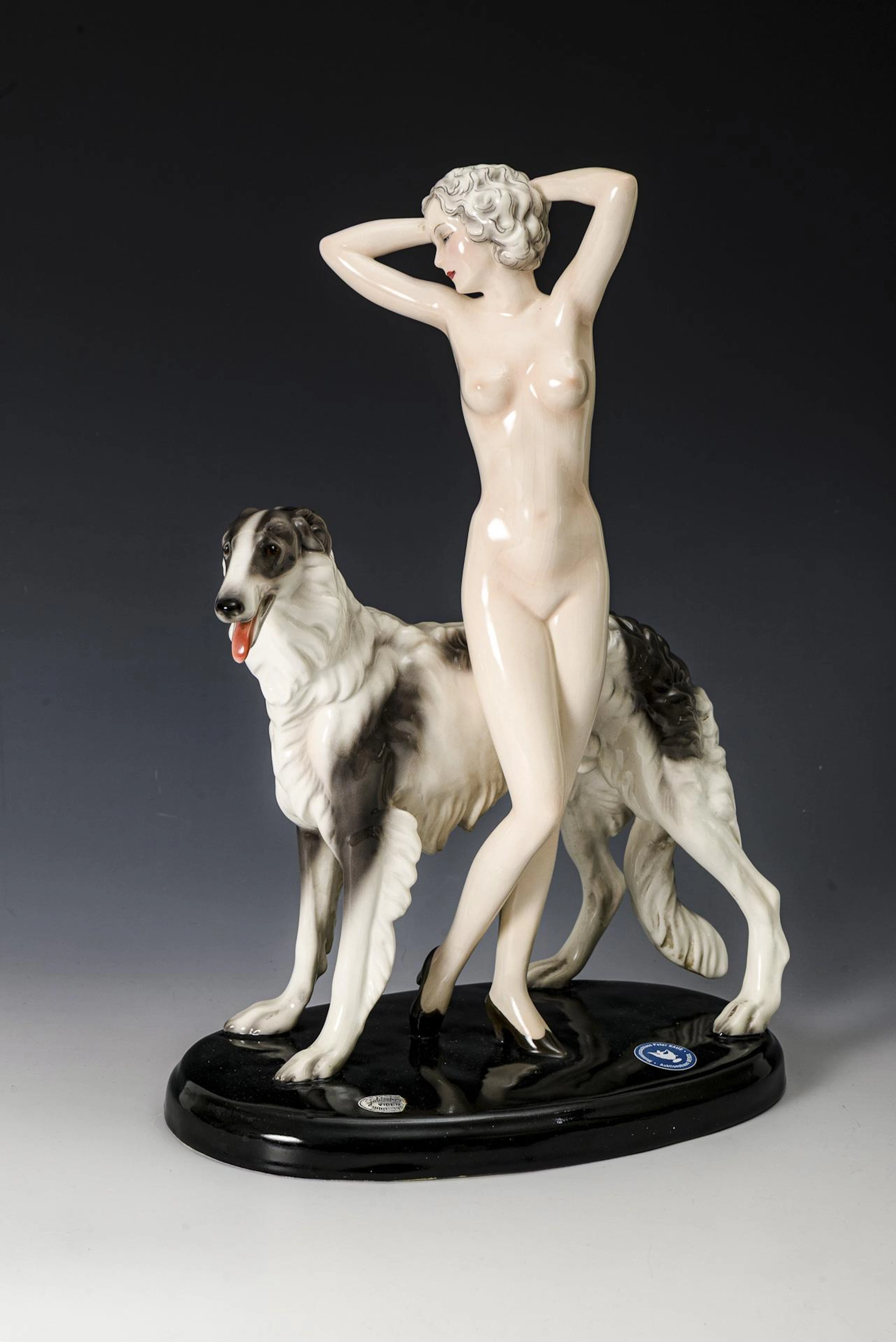 Art deco figurine group "Standing female nude with borzoi". Vienna