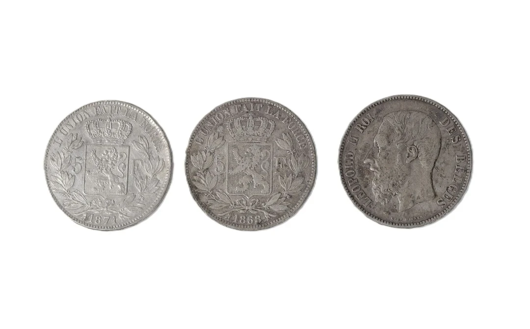 3 x 5 FRANCS belges Léopold II (1868, 1871 et 1876). - Lot 188