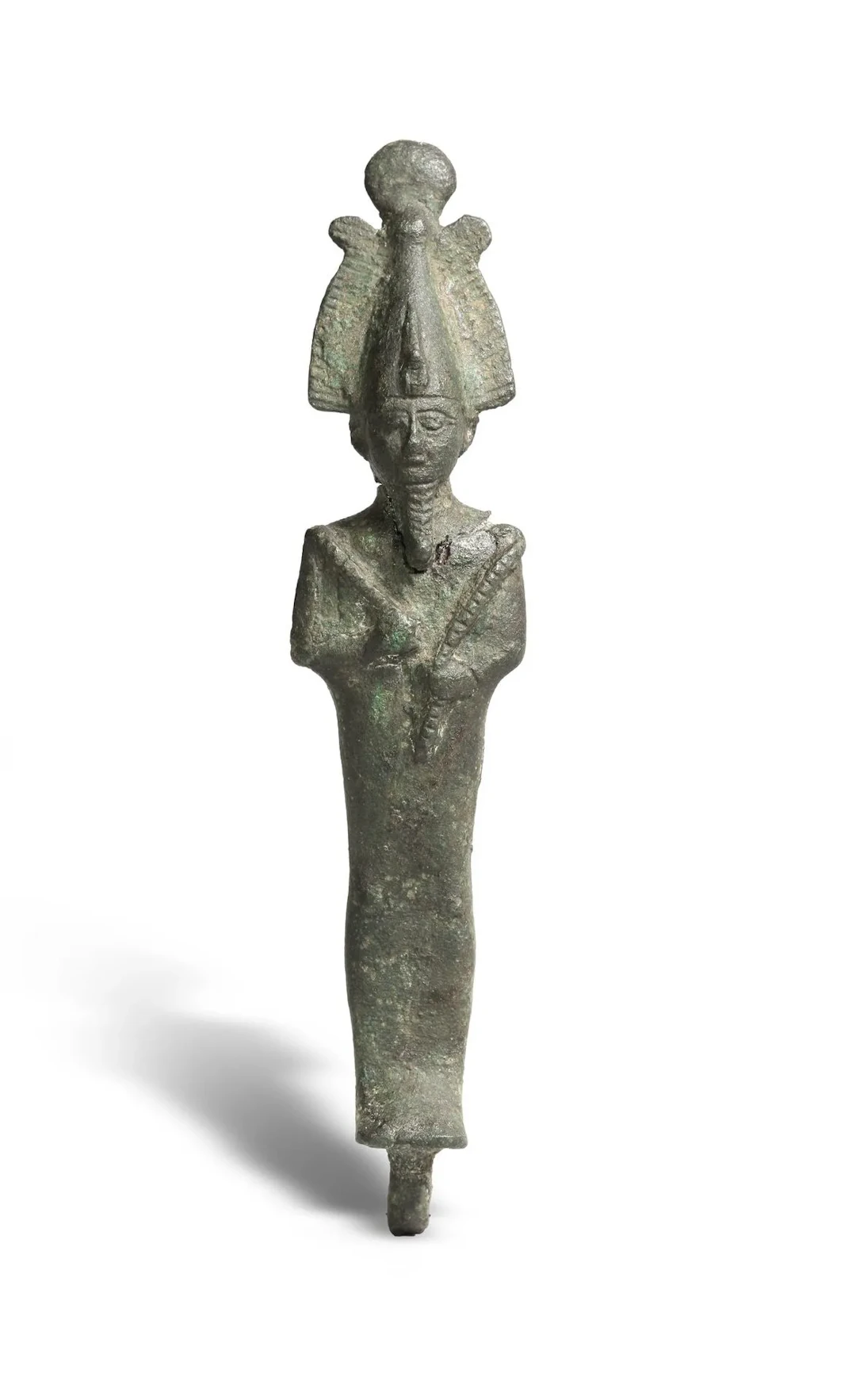 Statuette d’Osiris en bronze à patine verte Momiforme, porta - Lot 316
