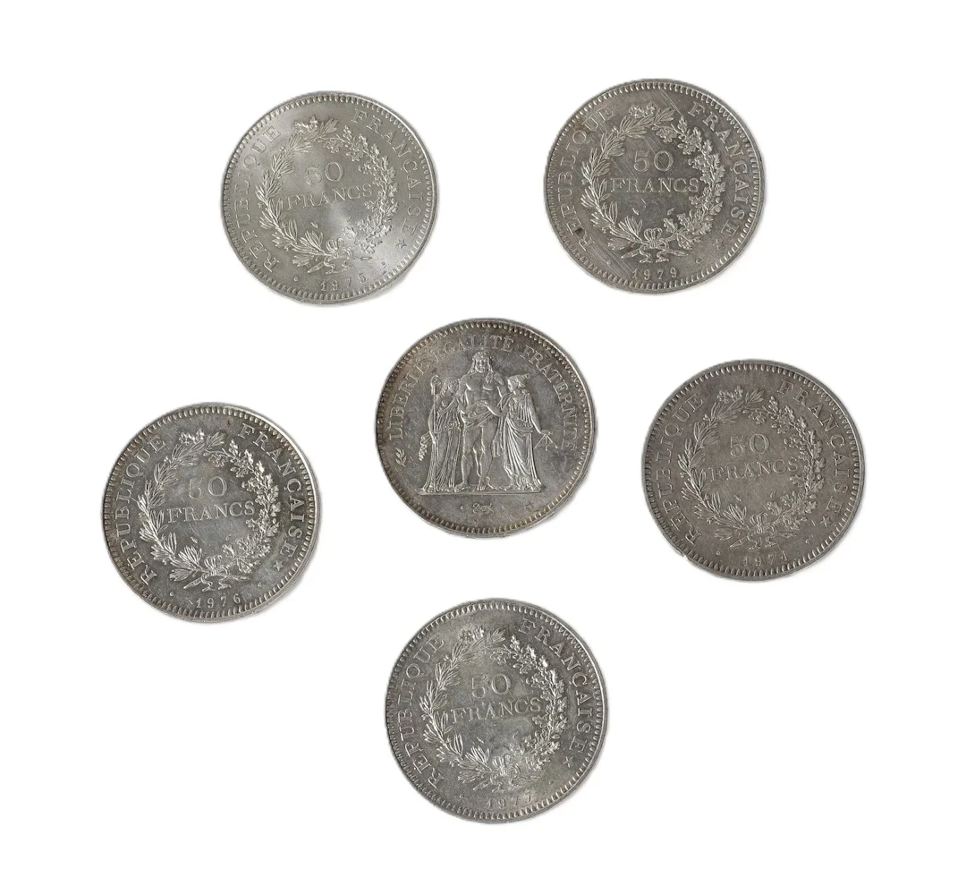 6 x 50 FRANCS type Hercule en argent. - Lot 196