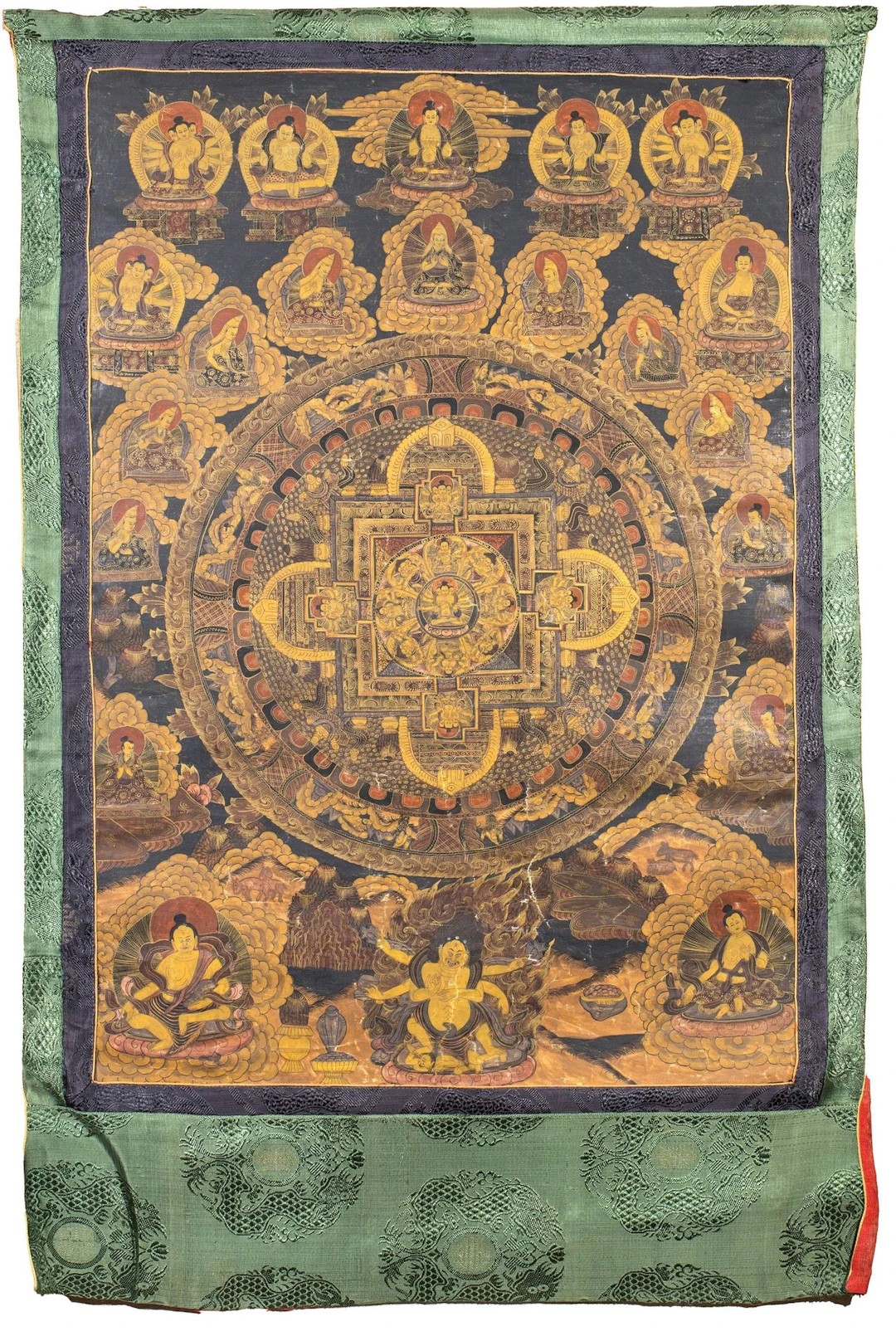 Tanka tibétaine peinte représentant un mandala central formé - Lot 300