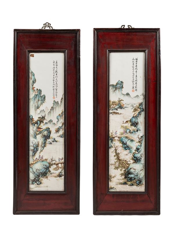 A PAIR OF FAMILLE ROSE PORCELAIN PLAQUES, China, 20th century