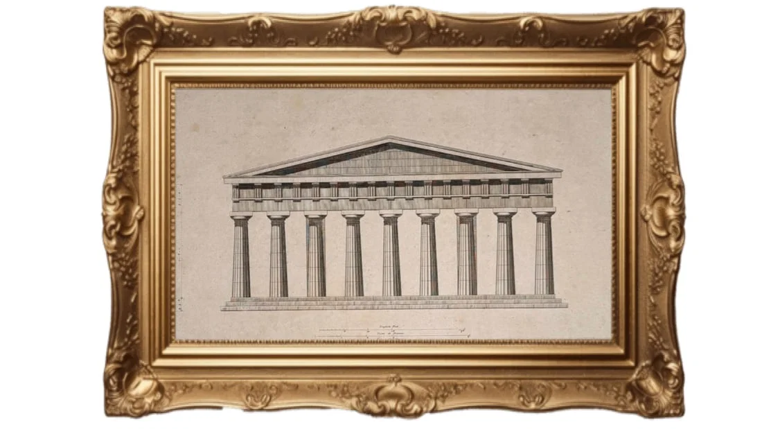 Architectural drawing depicts the elevation of a temple in Paestum