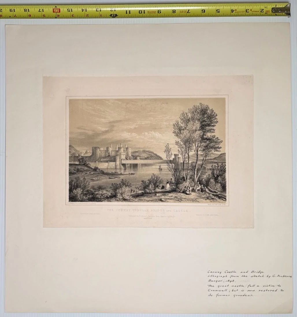 Antique lithograph titled "The Conway Tubular Bridge and Castle