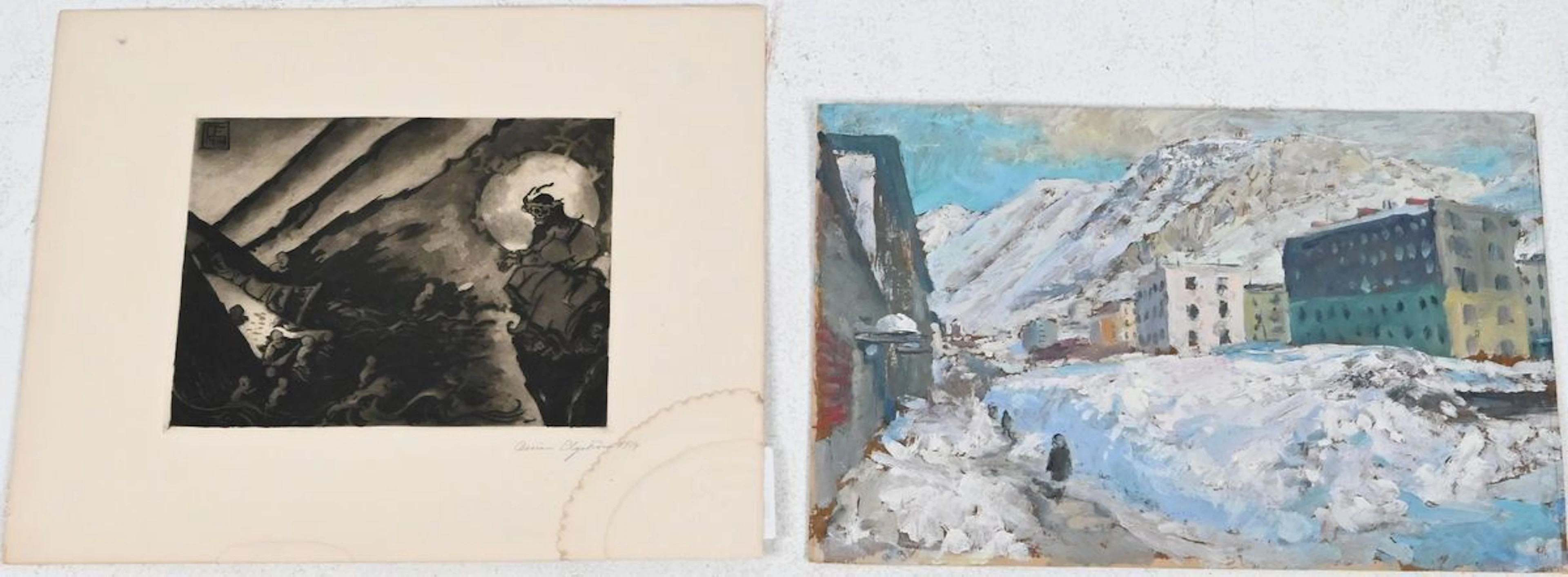 Olja på papper osignerad samt etsning Ossian Elgström