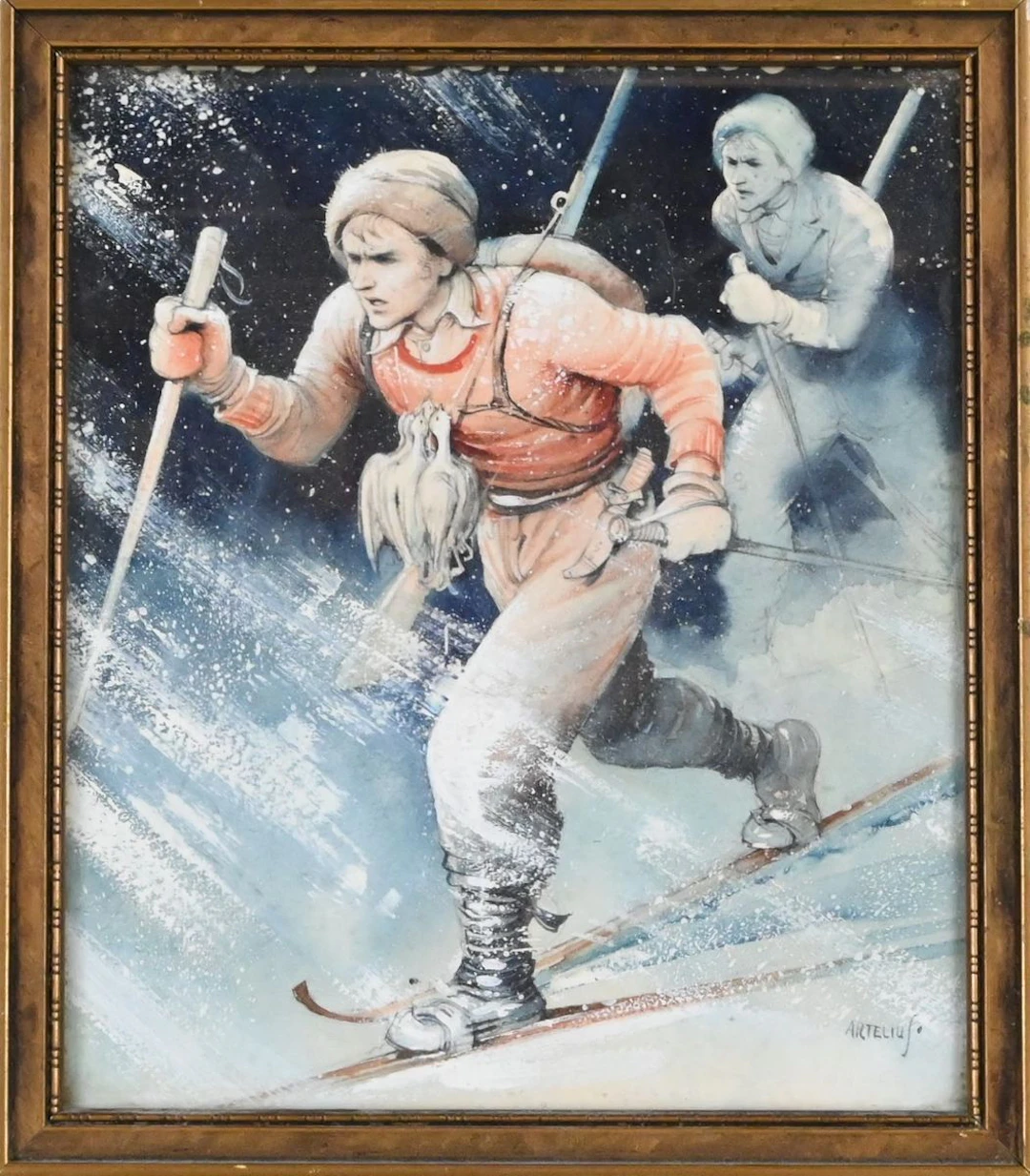 Helge Artelius, Akvarell och täckvit, ripjägare på skidor