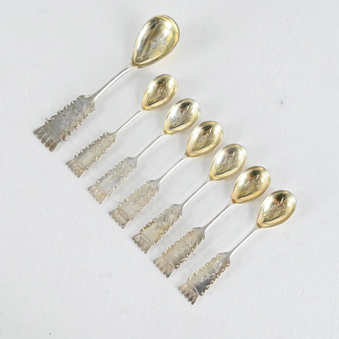 6 kaffeskedar samt syltsked, samisk stil, silver