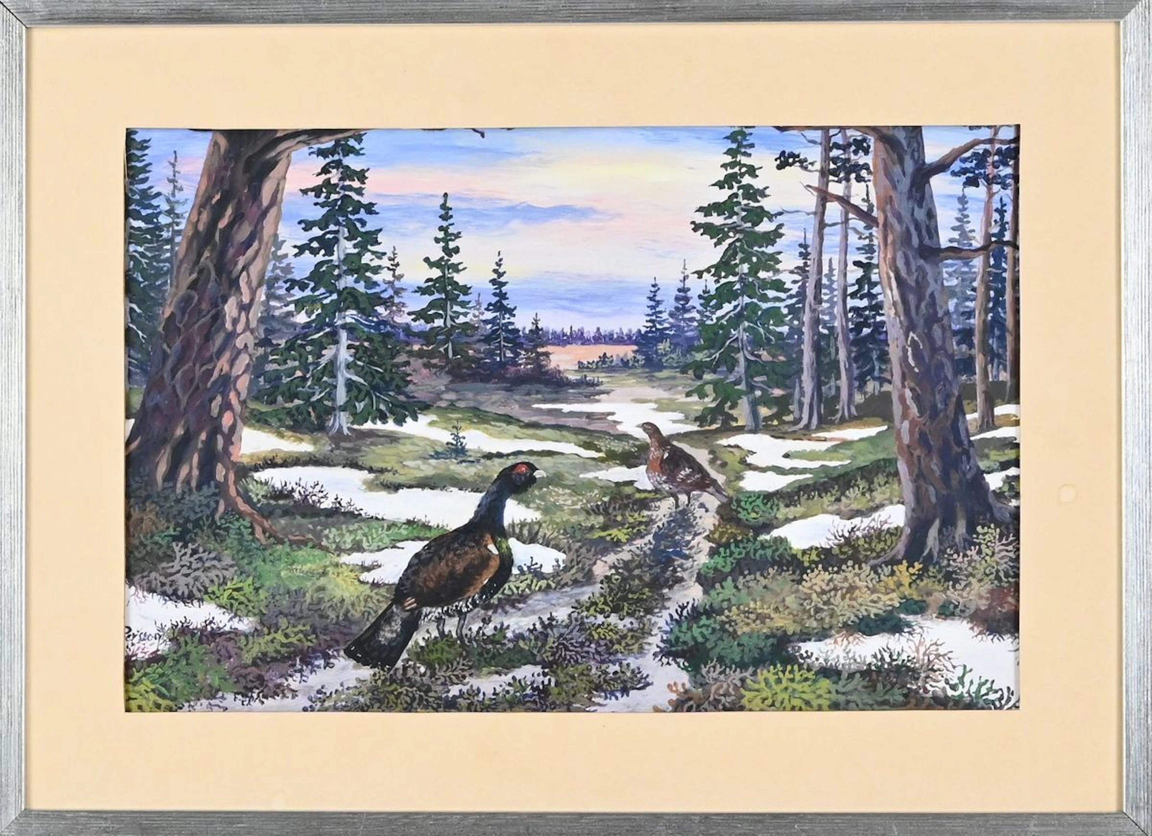 Gouache "Tjäderspel", signerad Persson