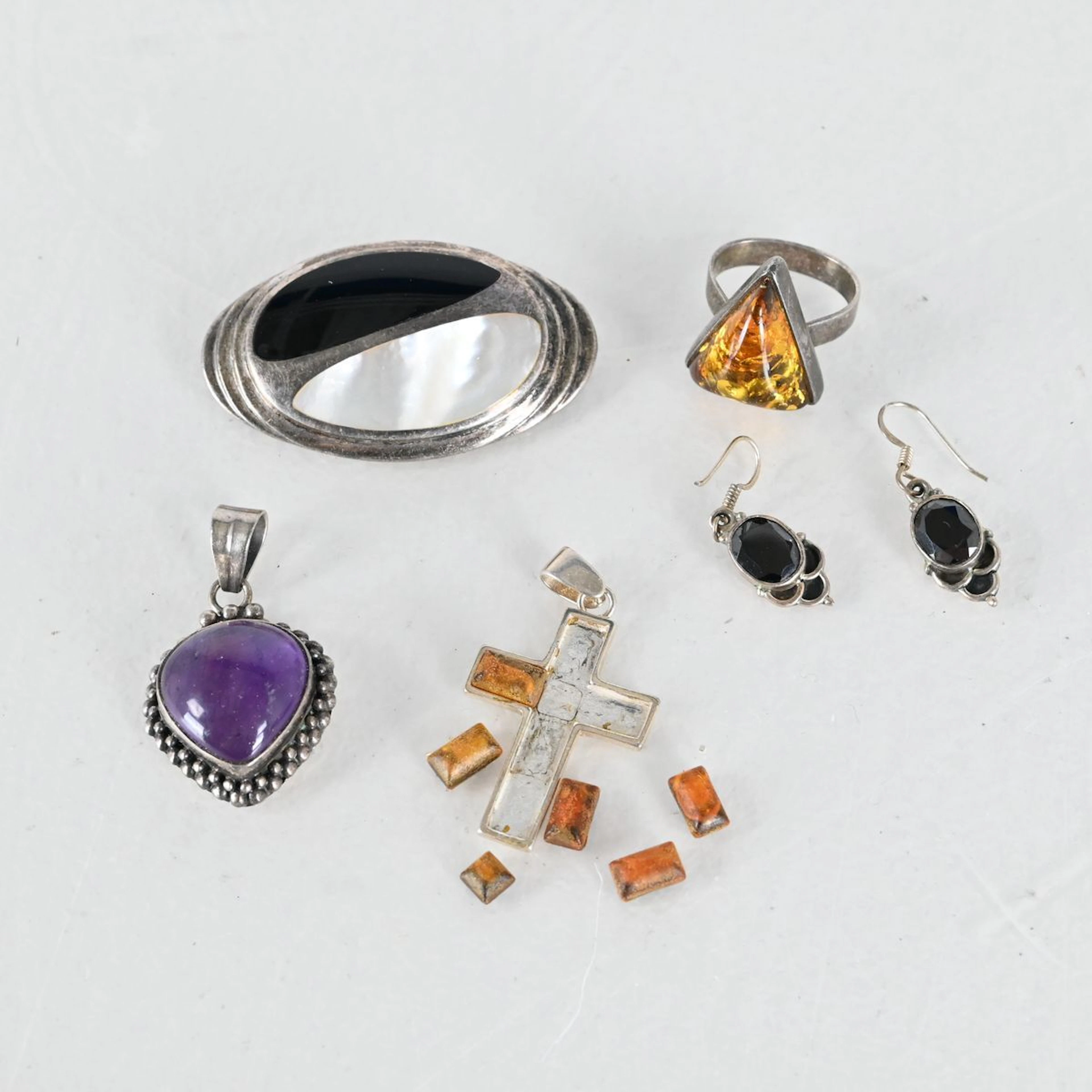 Parti hängen, brosch, ring, silver