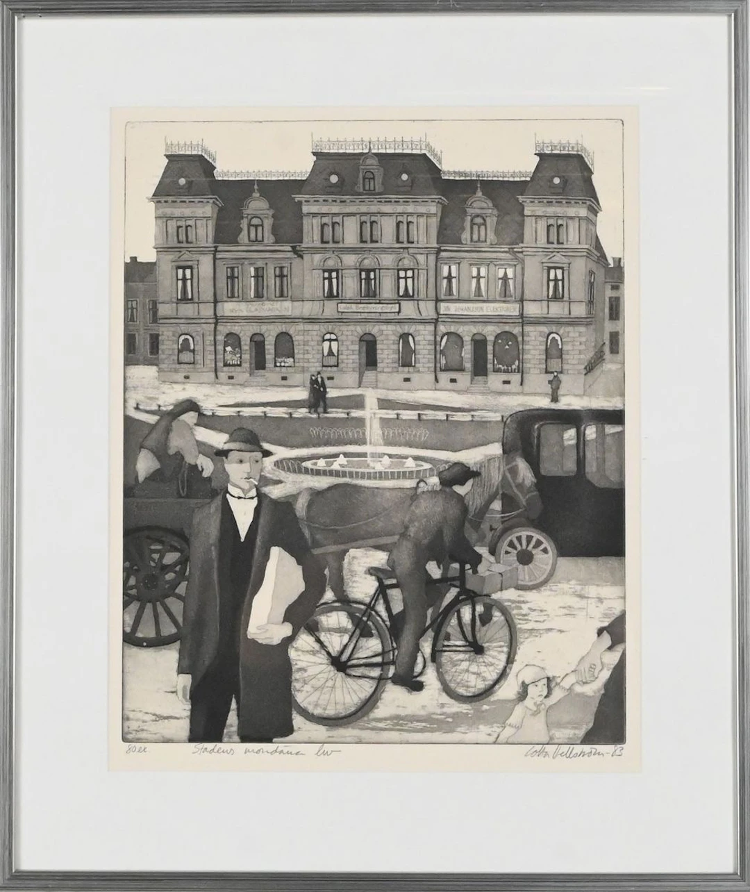 Lotta Hellström, etsning "Stadens mondäna liv", nr och signerad, 1983