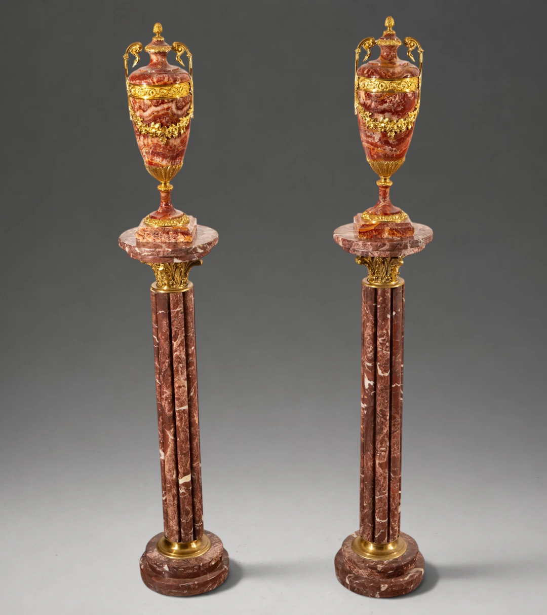 Elegant Large Pair of Louis XVI Urns with bases, 19th century
