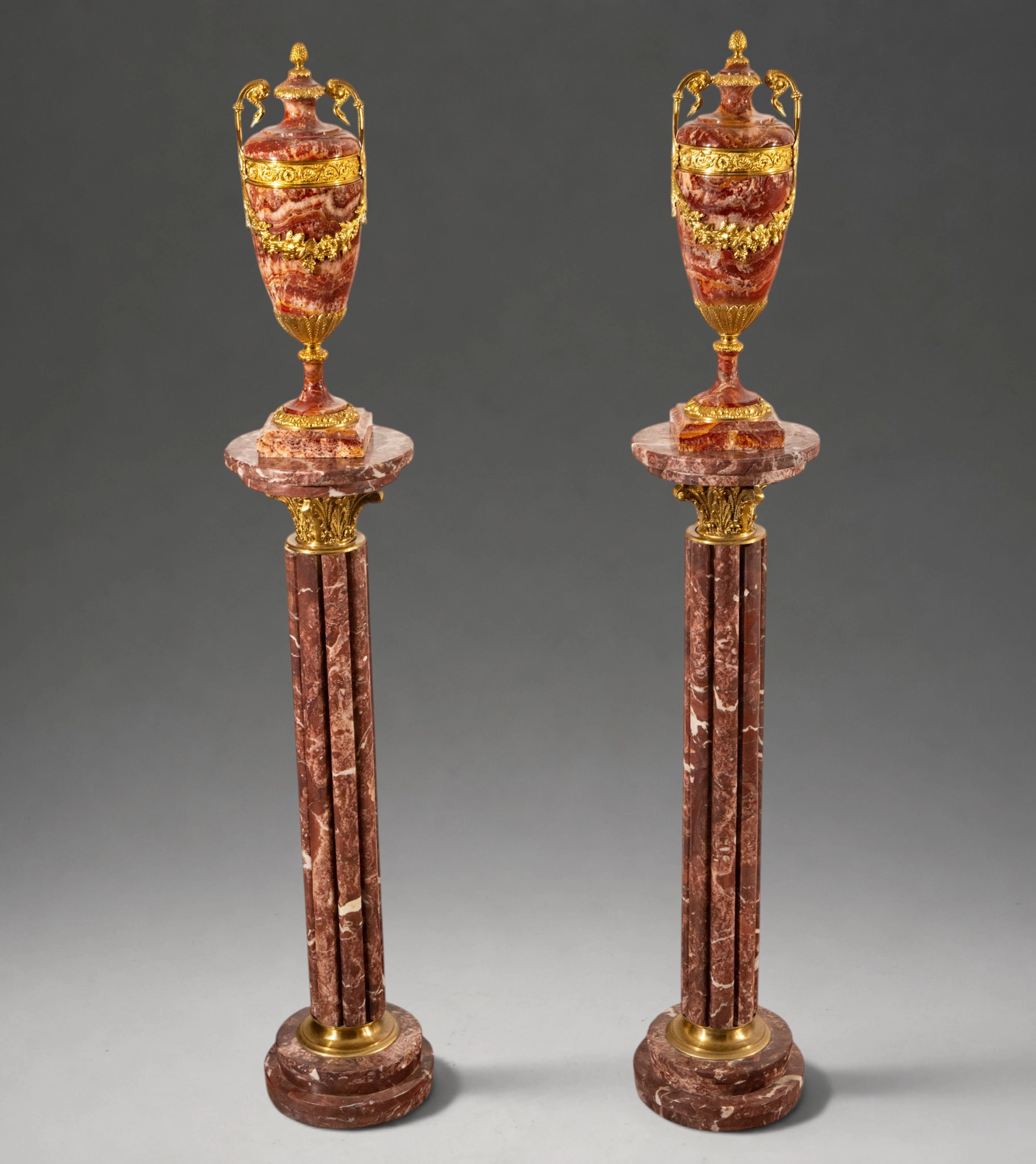 Elegant Large Pair of Louis XVI Urns with bases, 19th century
