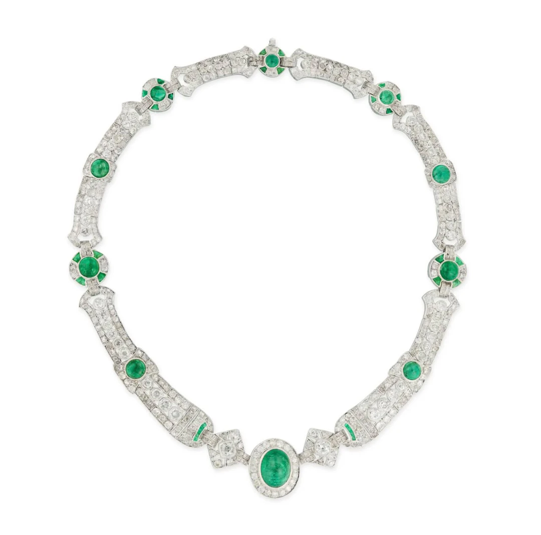 Large necklace of cabochon emeralds and diamonds