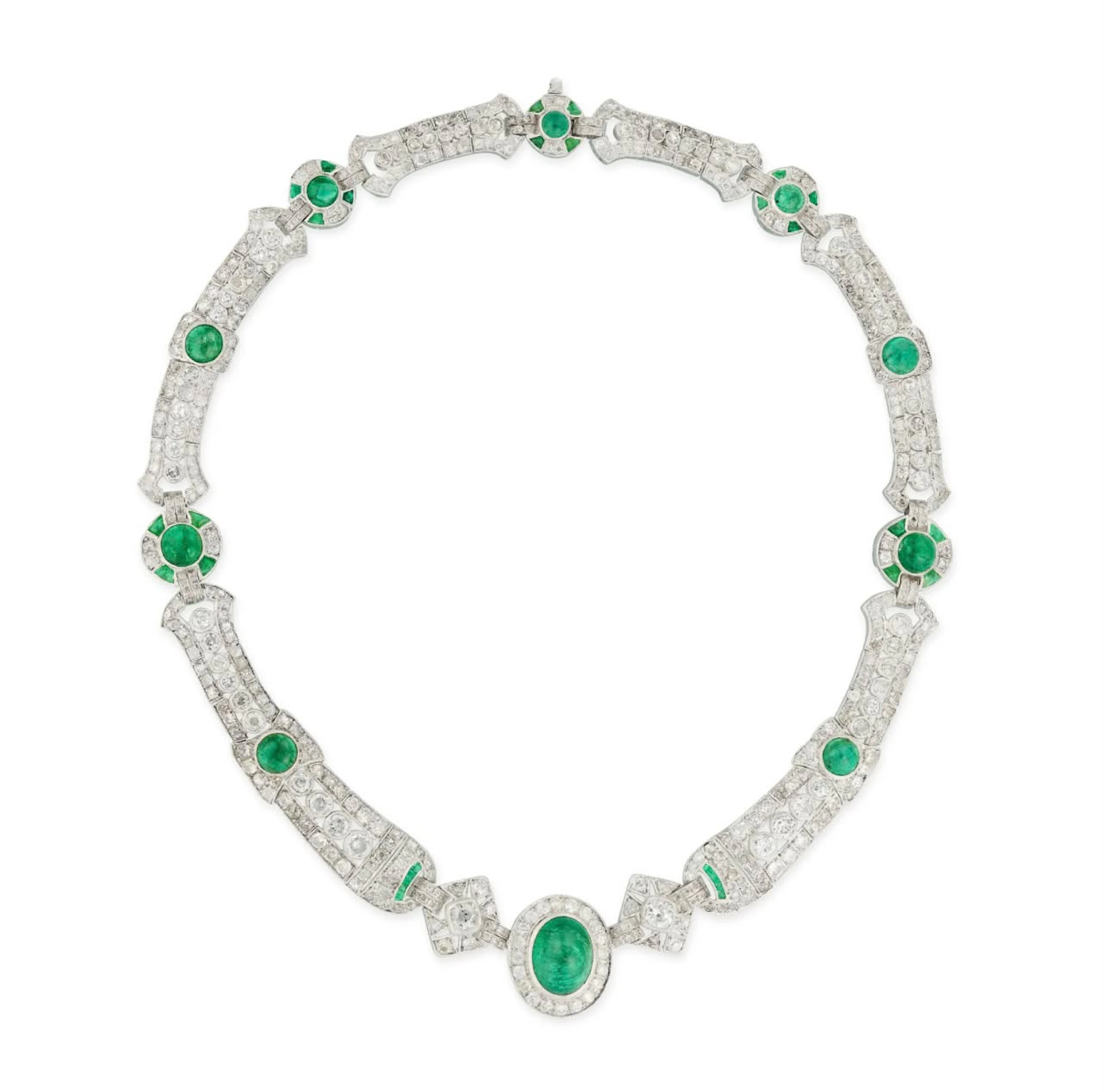 Large necklace of cabochon emeralds and diamonds