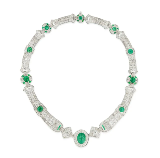 Large necklace of cabochon emeralds and diamonds