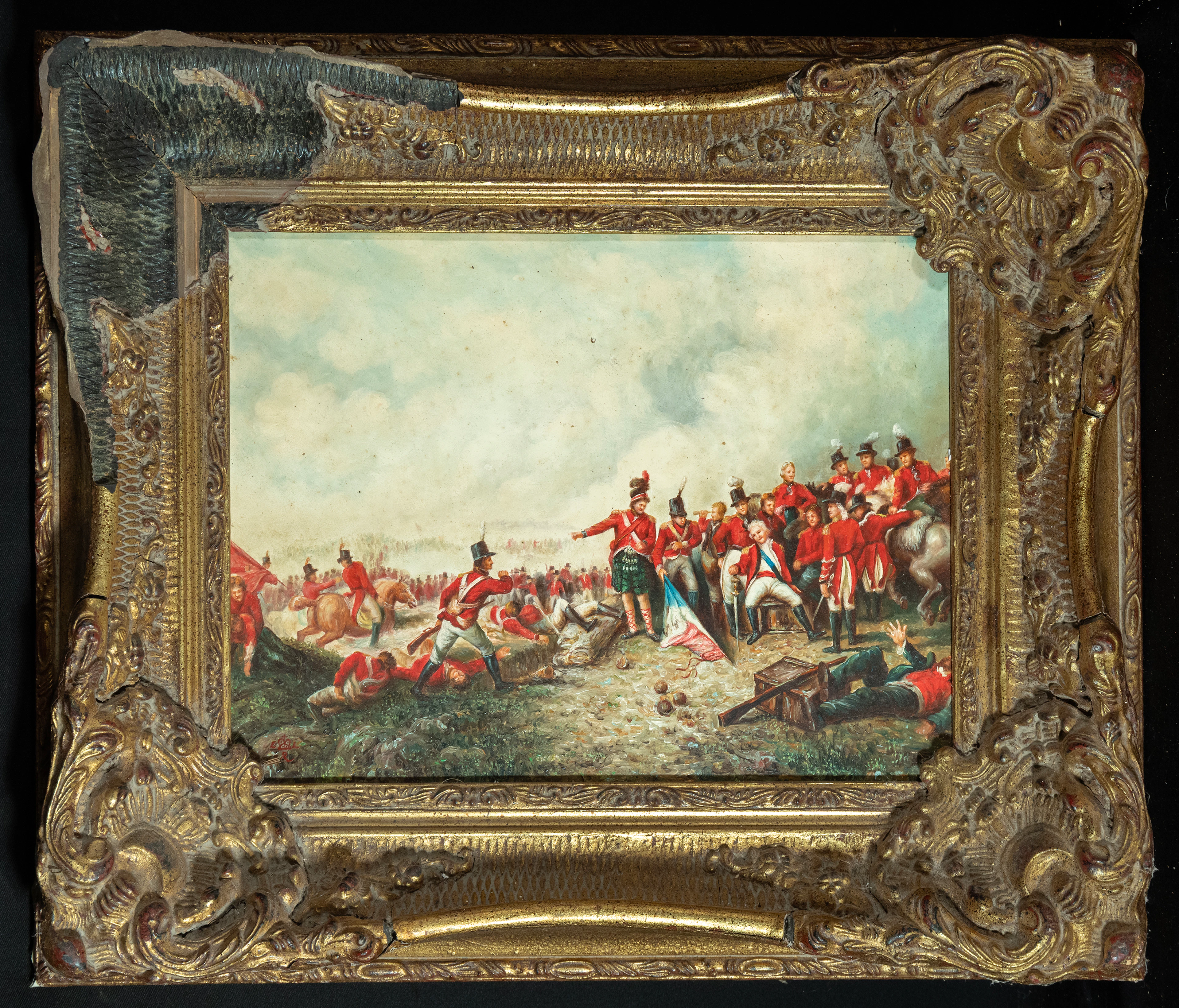 Battle of Waterloo or Franco-Prussian on panel, 19th century, signed in anagram