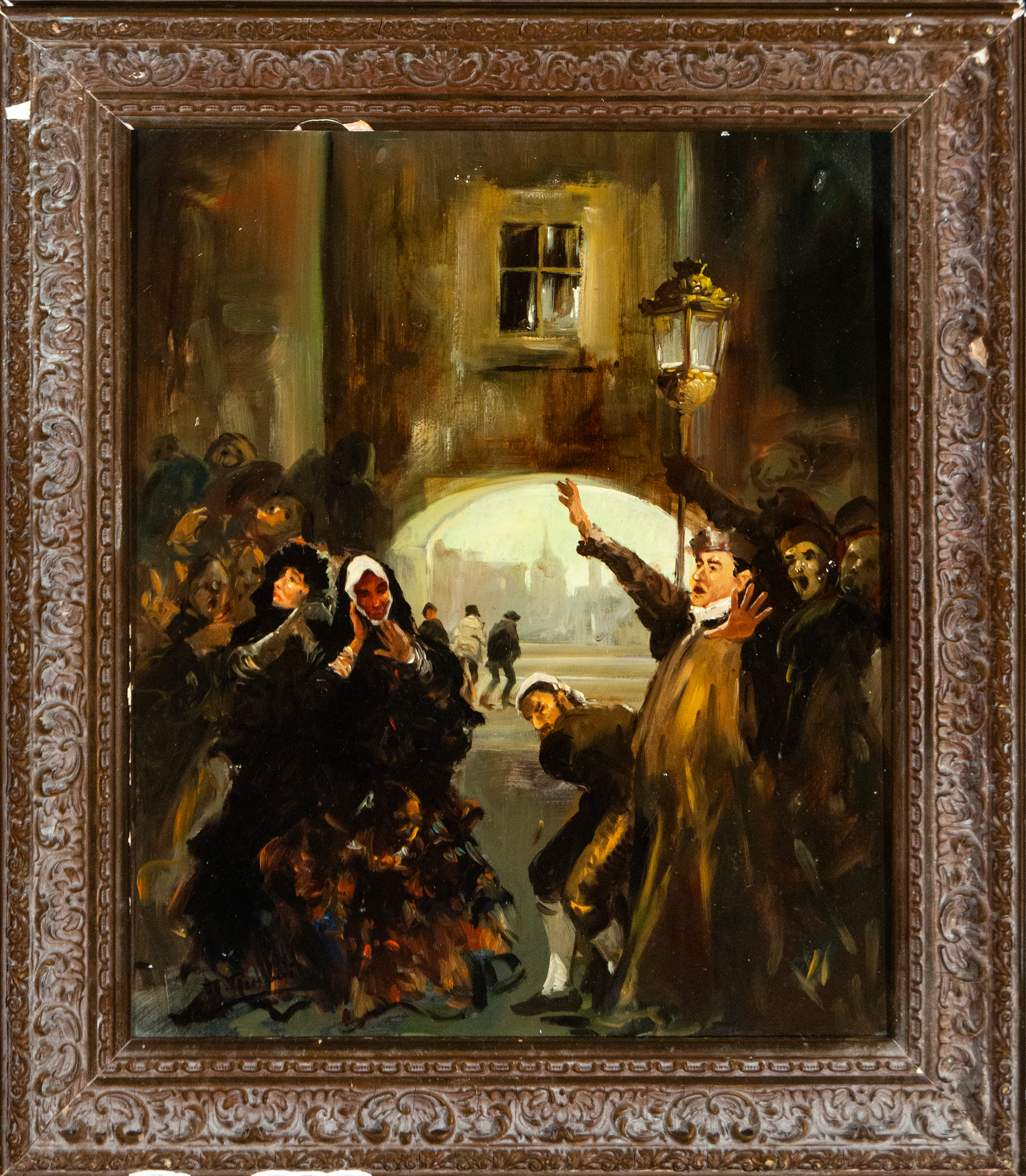 Scene with figures. Signed Ressendi. Spanish School, 20th Century