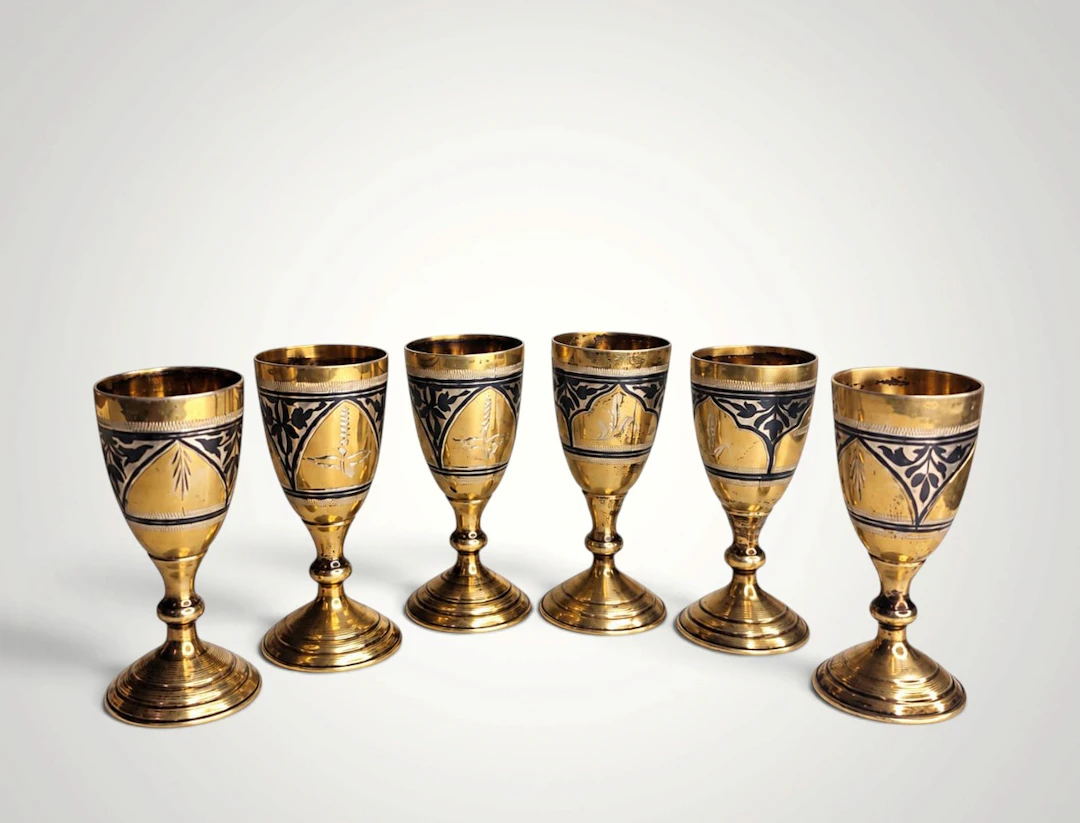 6 Russian Fine Silver Vodka cups, Revolution Hallmarks 875