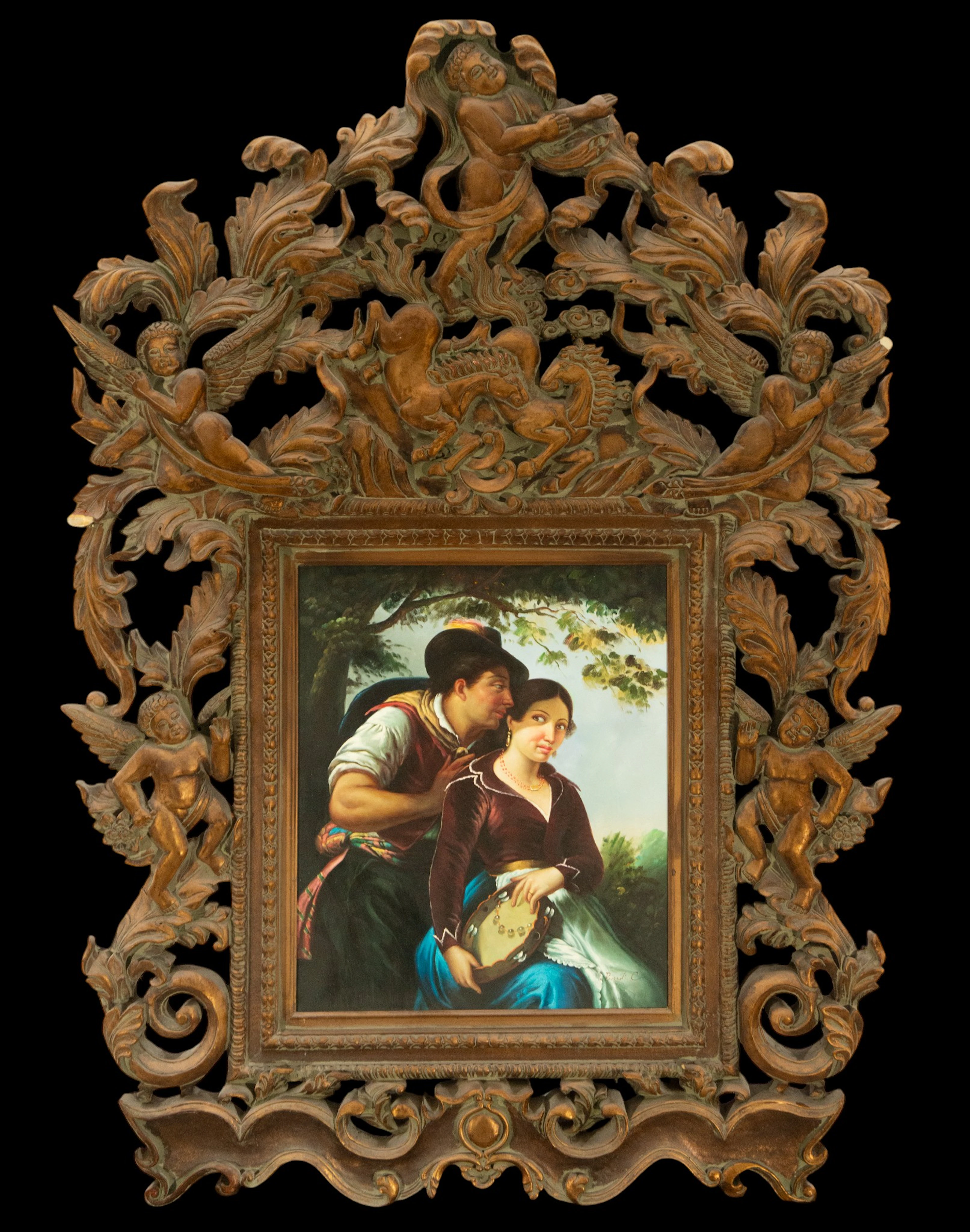 Gallant scene with a couple in a rural landscape. Costumbrista School.