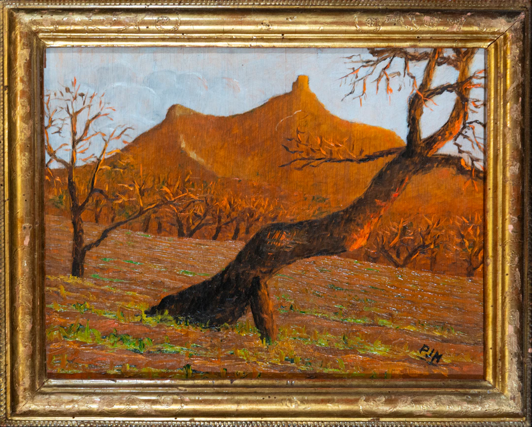 Autumn landscape with mountain and trees – Spanish School – 20th century