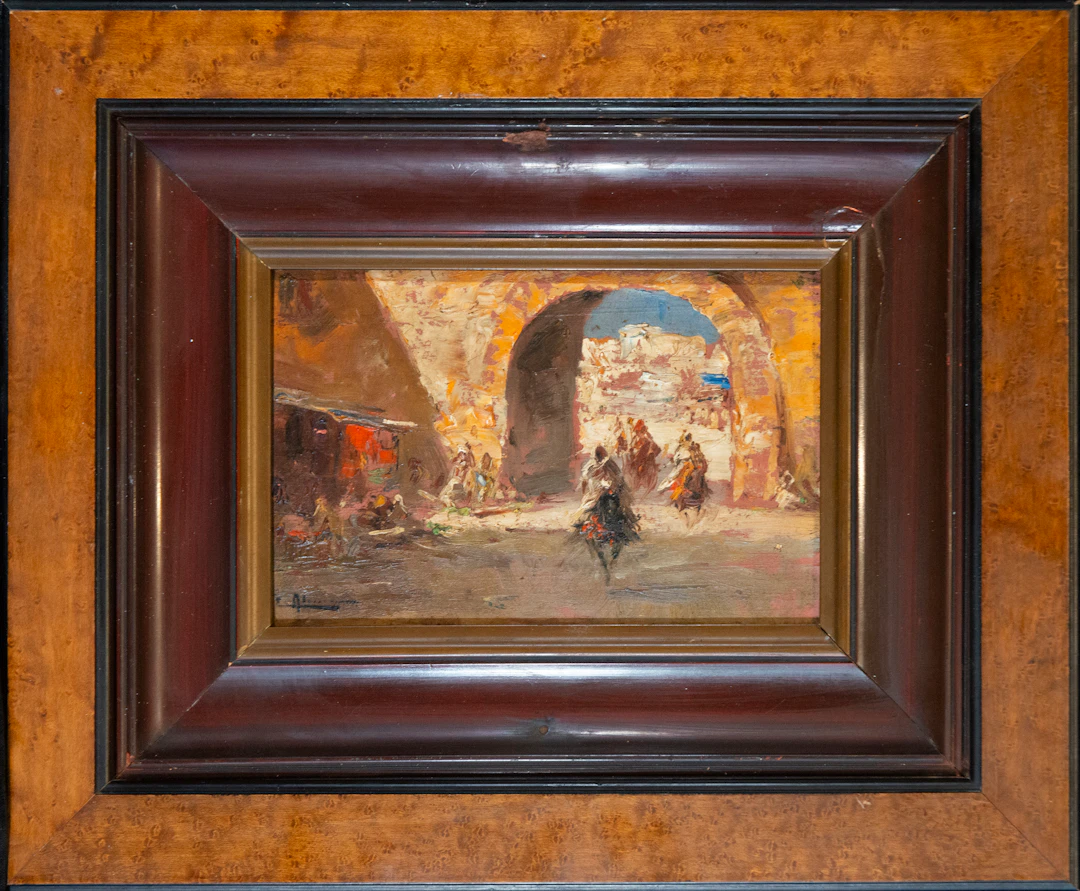 Orientalizing street scene with monumental arch – Spanish School – 19th century