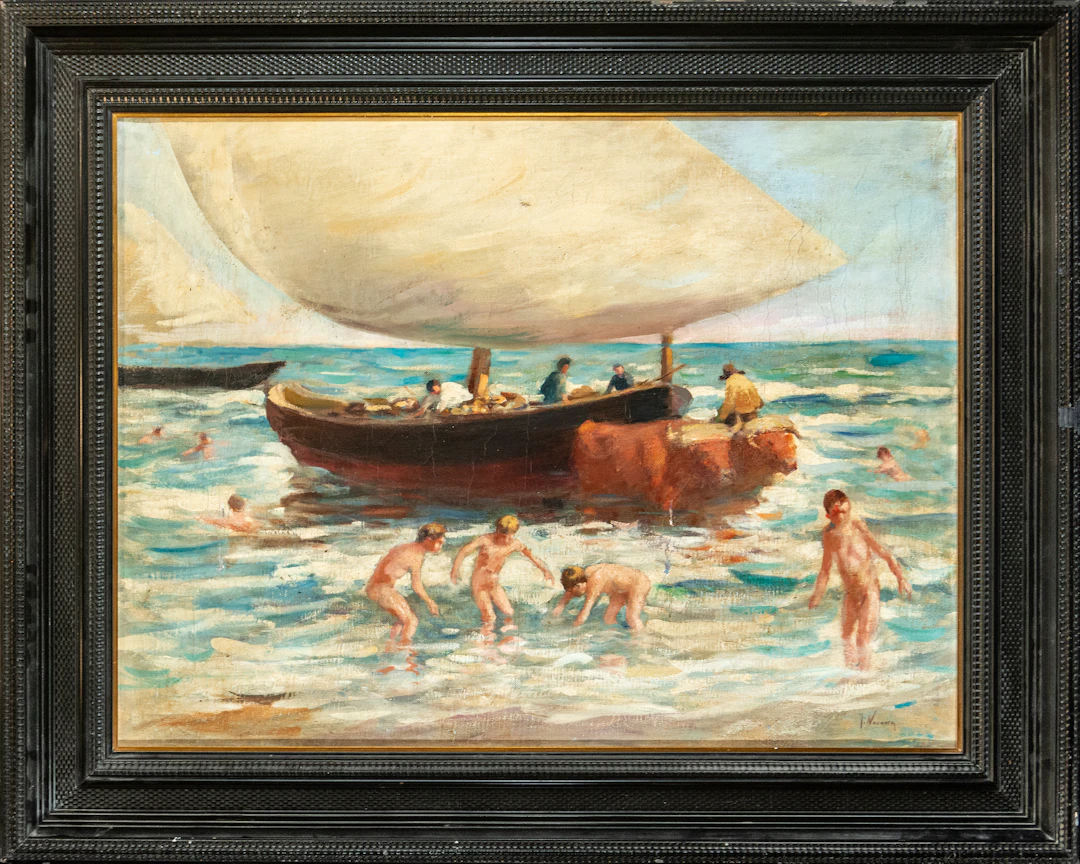 Bathers next to a sailboat – J. NAVARRO - Spanish School – 20th century