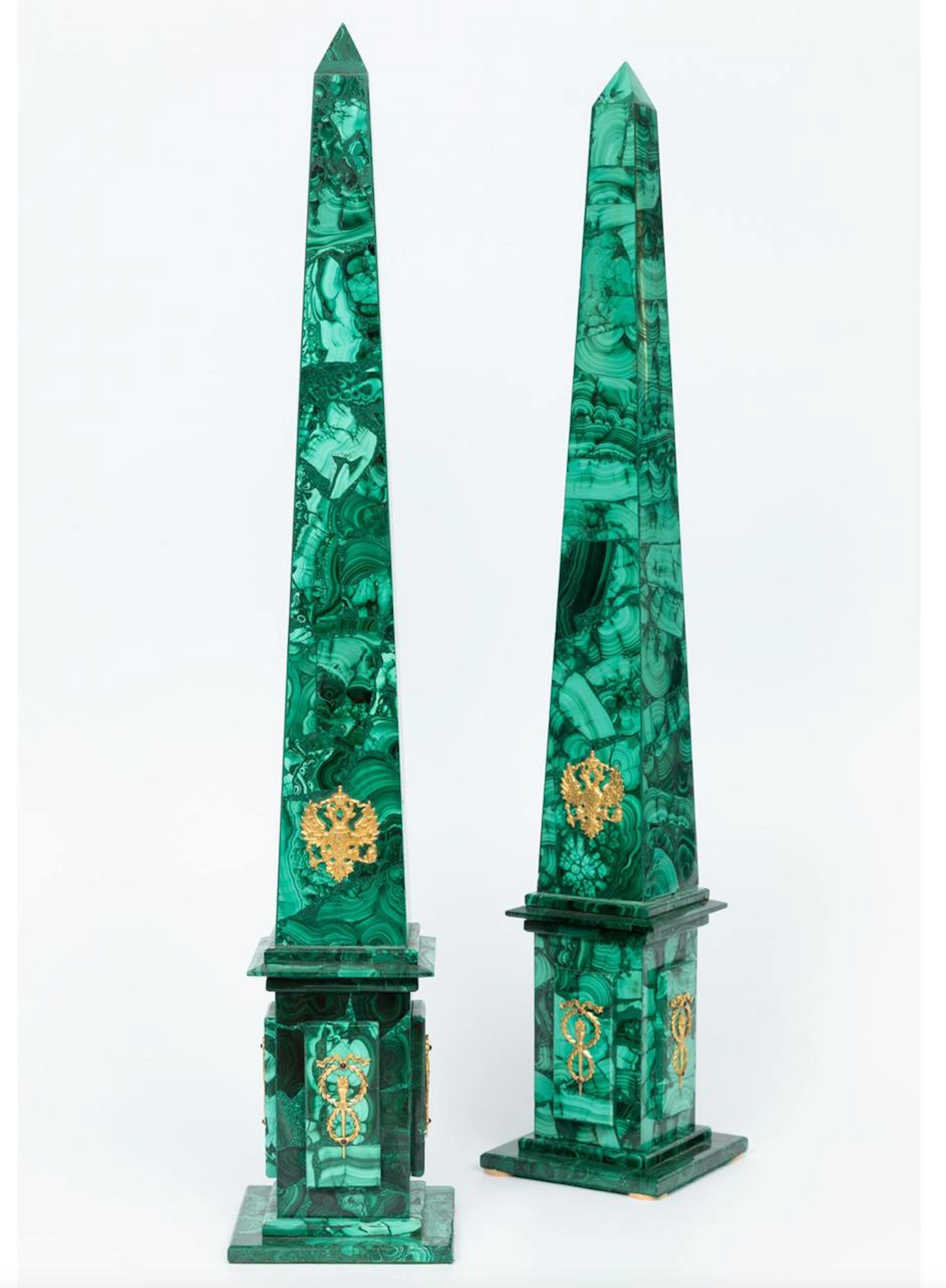 Pair of malachite obelisks with gilt bronze mounts – Russian School